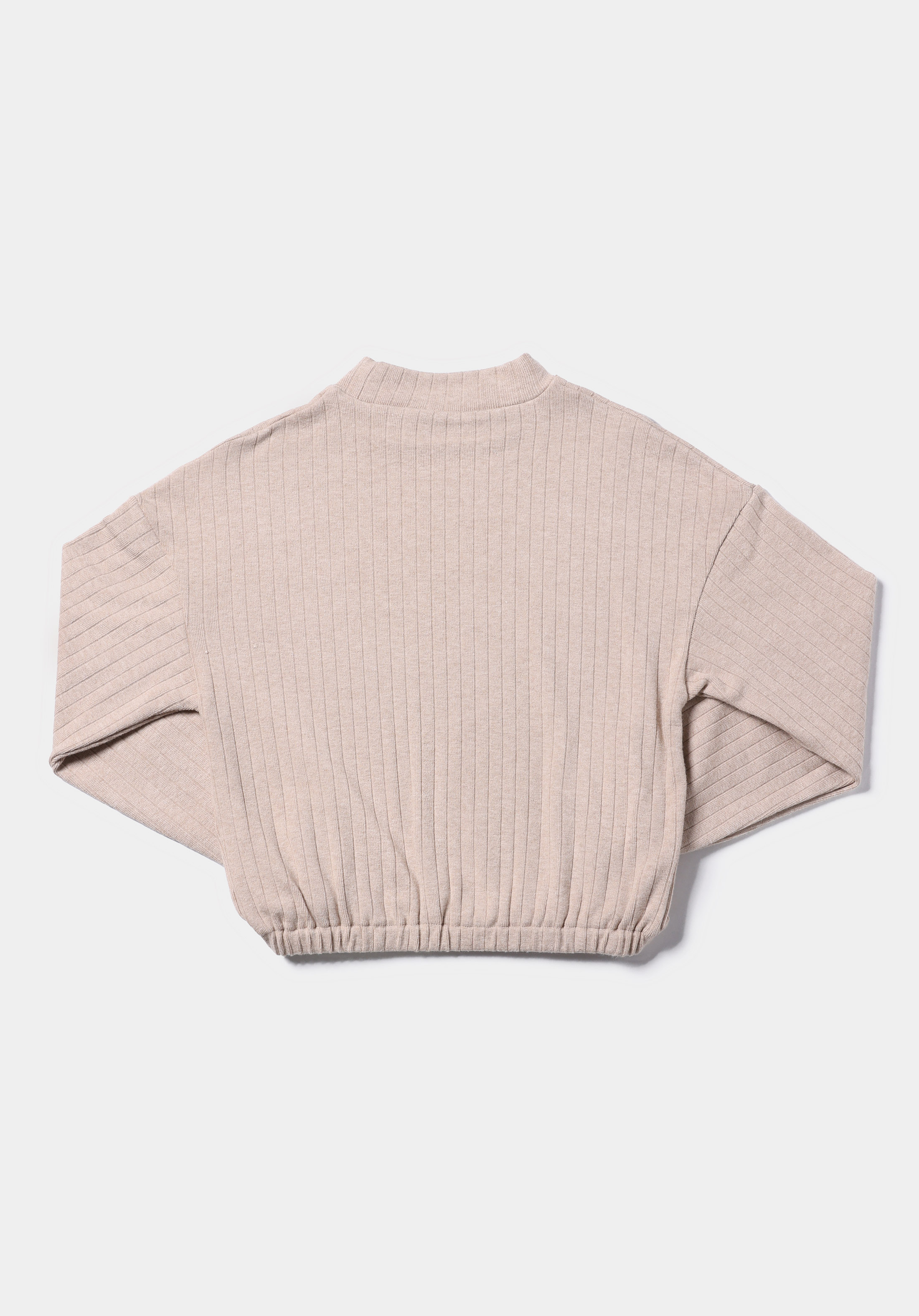 Regular Fit Dik Yaka Düz Kadın Bej Uzun Kol Tişört