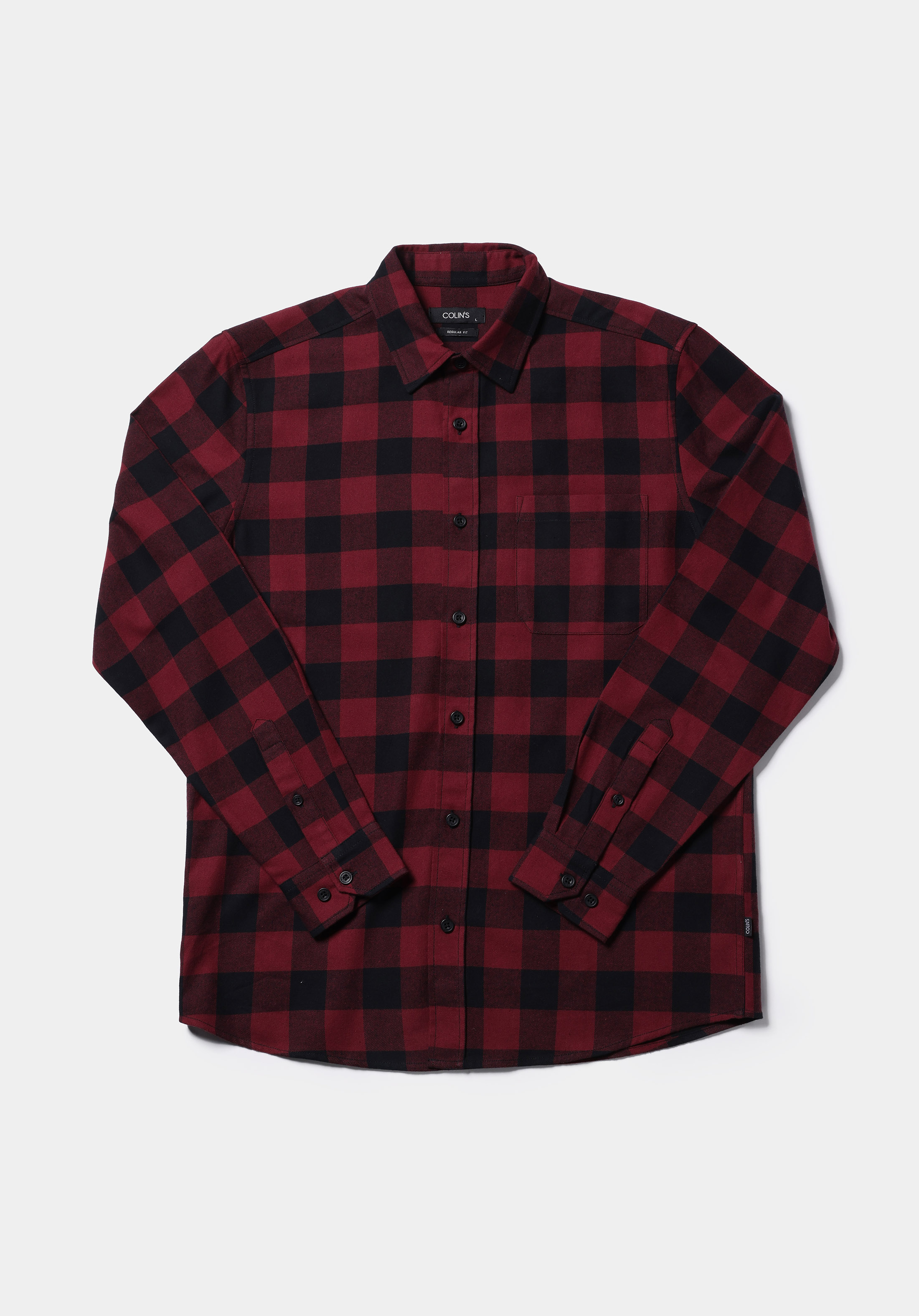 Regular Fit Shirt Neck Kareli Erkek Bordo Uzun Kol Gömlek