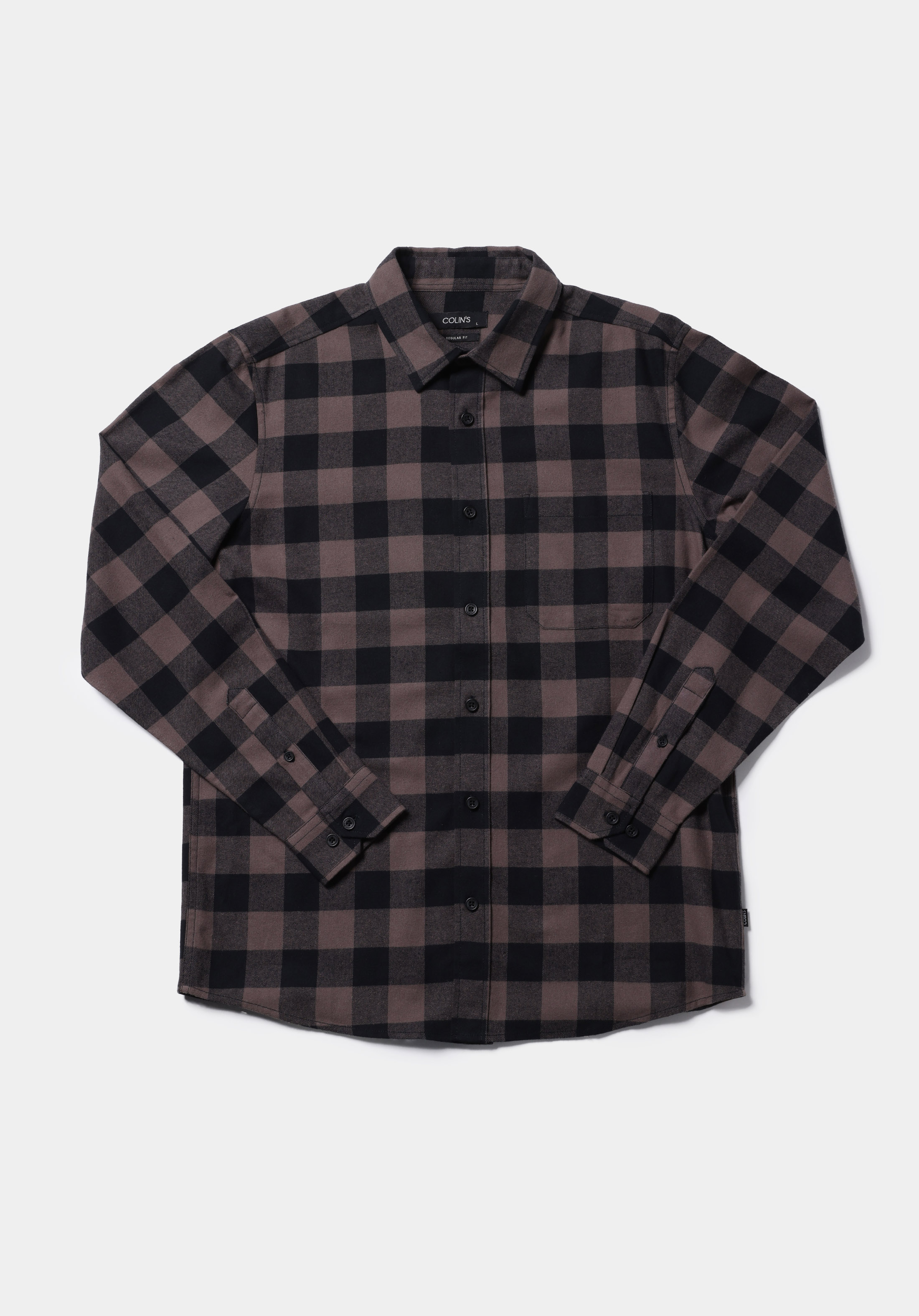 Regular Fit Shirt Neck Kareli Erkek Kahverengi Uzun Kol Gömlek