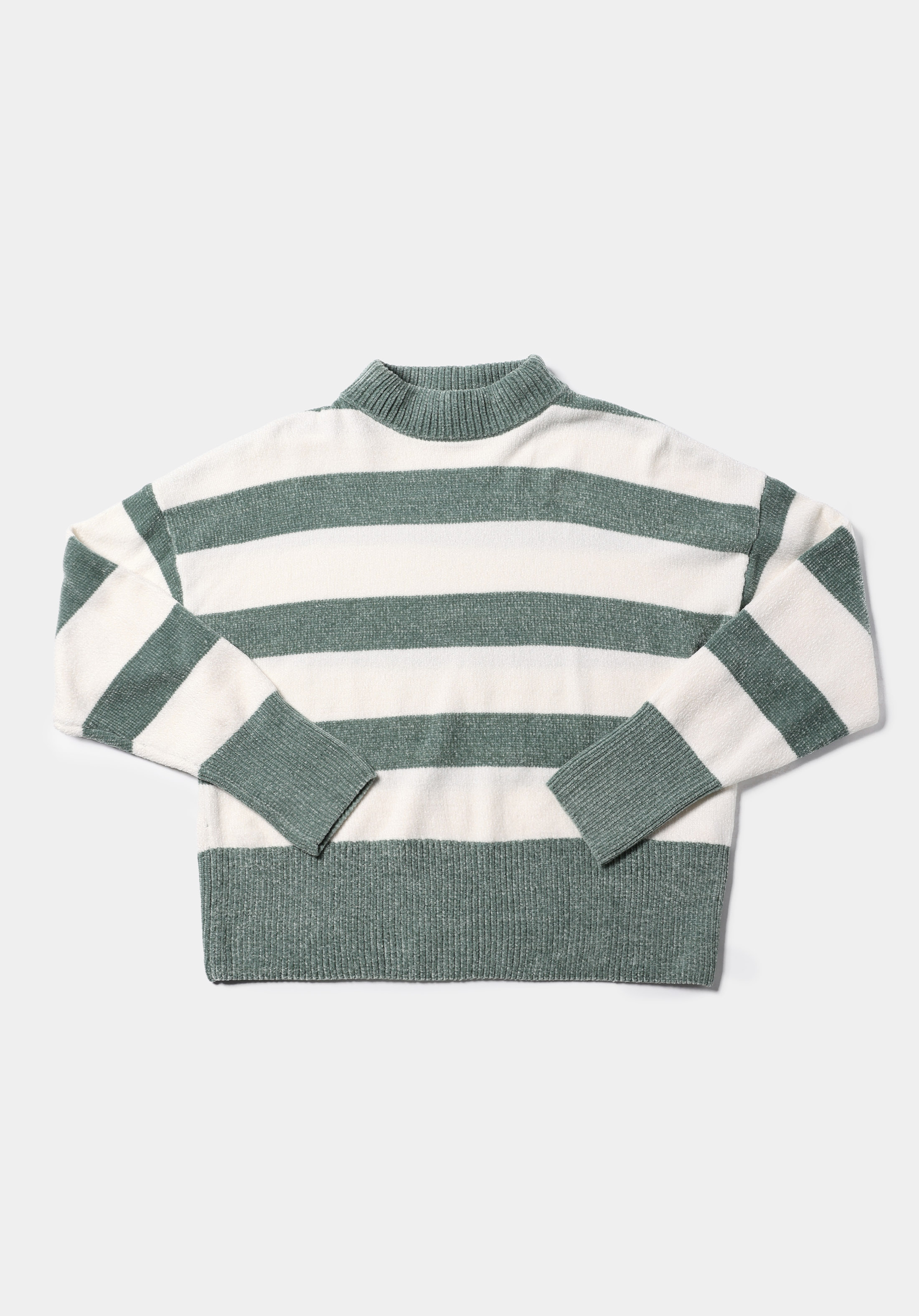 Regular Fit Yuvarlak Yaka Çizgili Kadın Yeşil Kazak