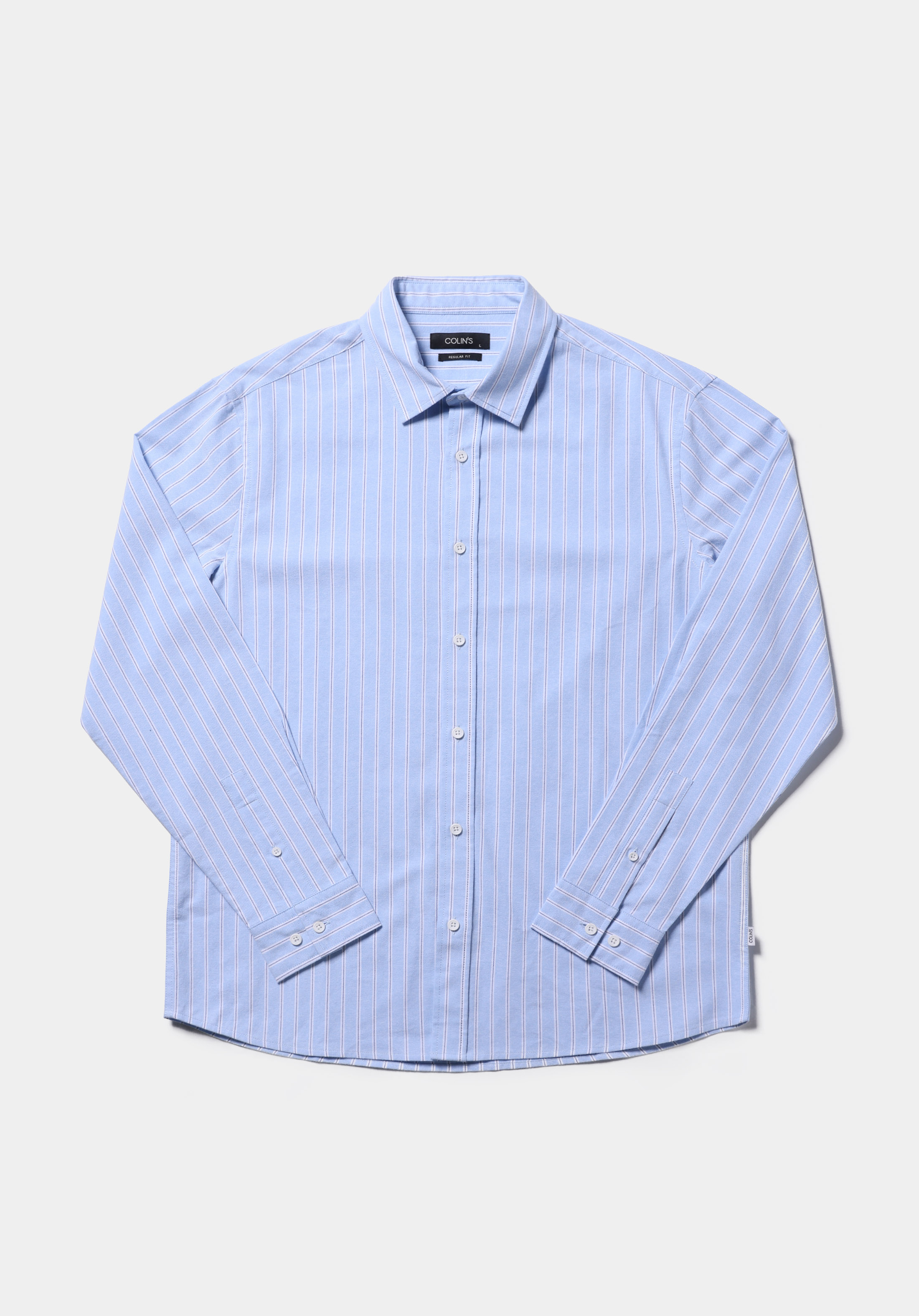 Regular Fit Shirt Neck Çizgili Erkek Mavi Uzun Kol Gömlek