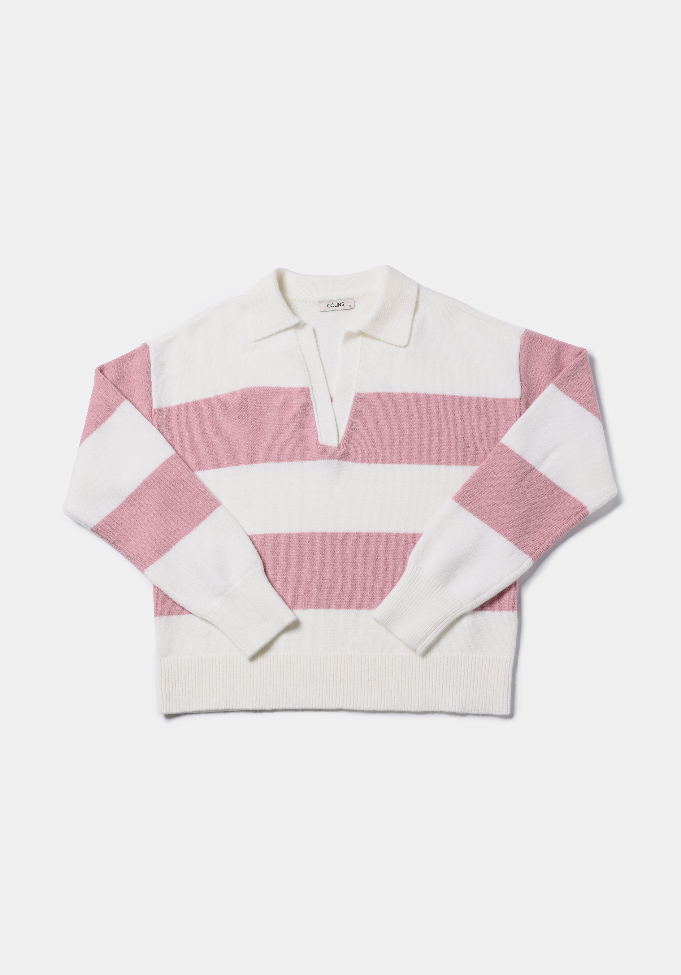 Regular Fit Polo Yaka Çizgili Kadın Pembe Kazak