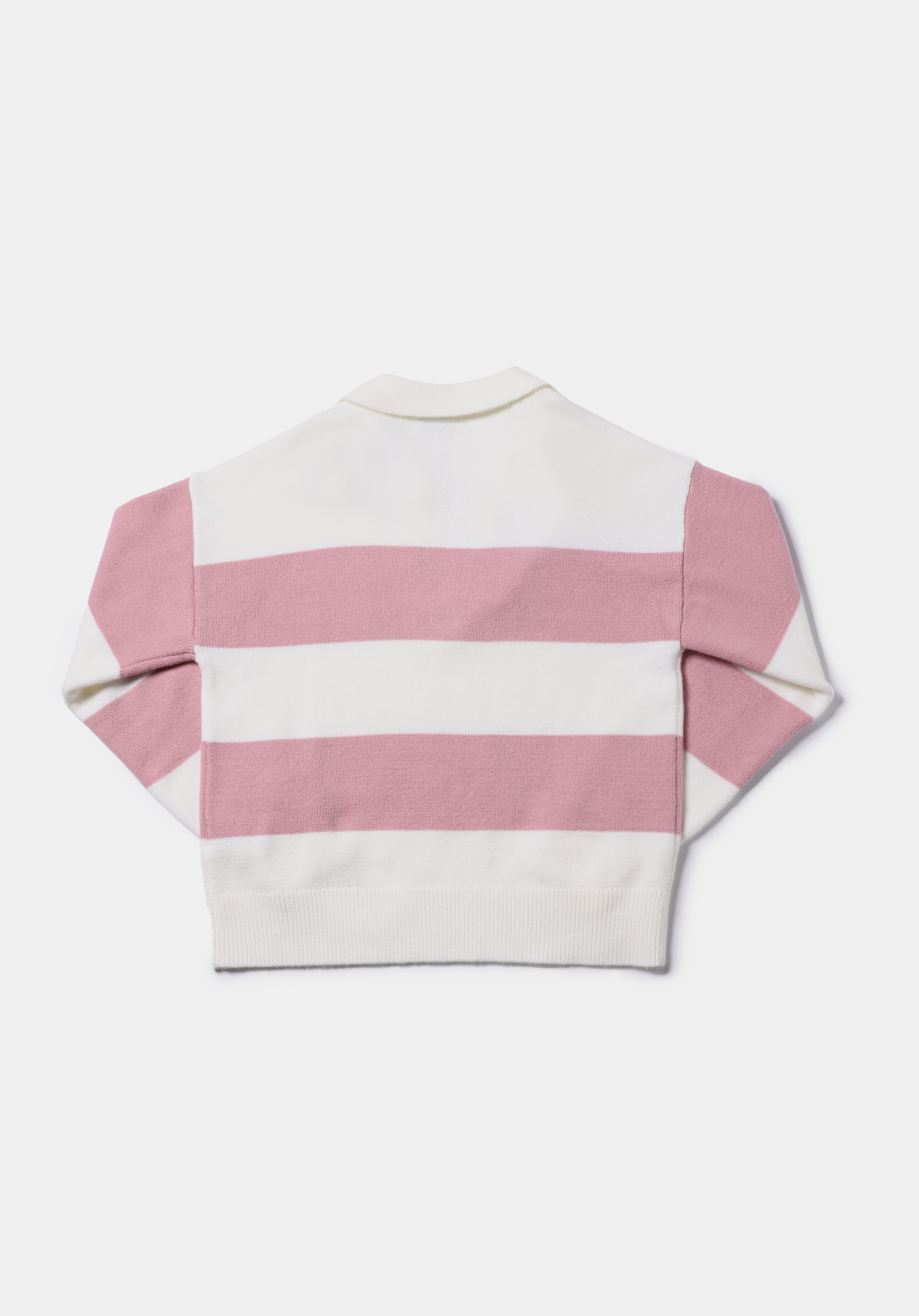 Regular Fit Polo Yaka Çizgili Kadın Pembe Kazak