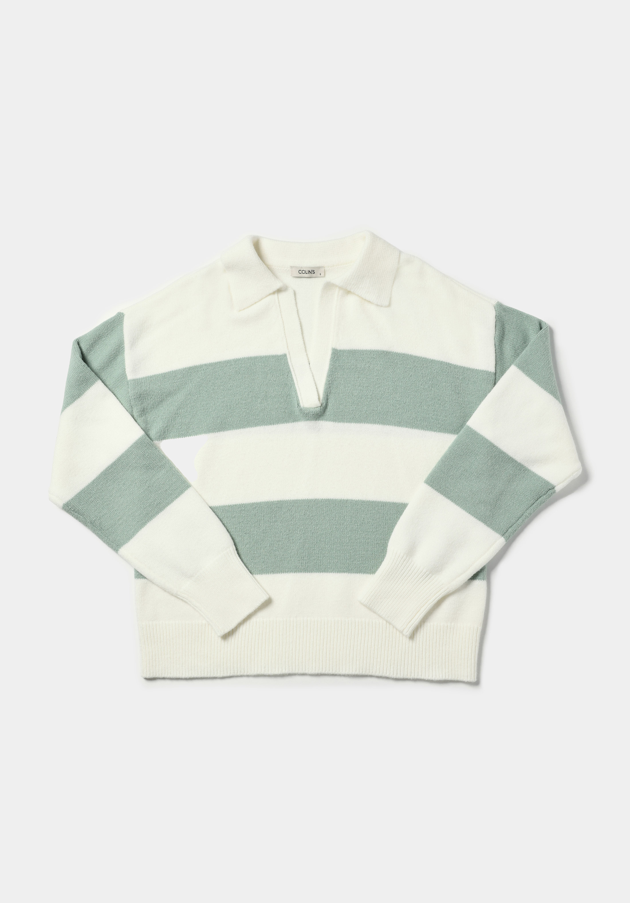 Regular Fit Polo Yaka Çizgili Kadın Yeşil Kazak