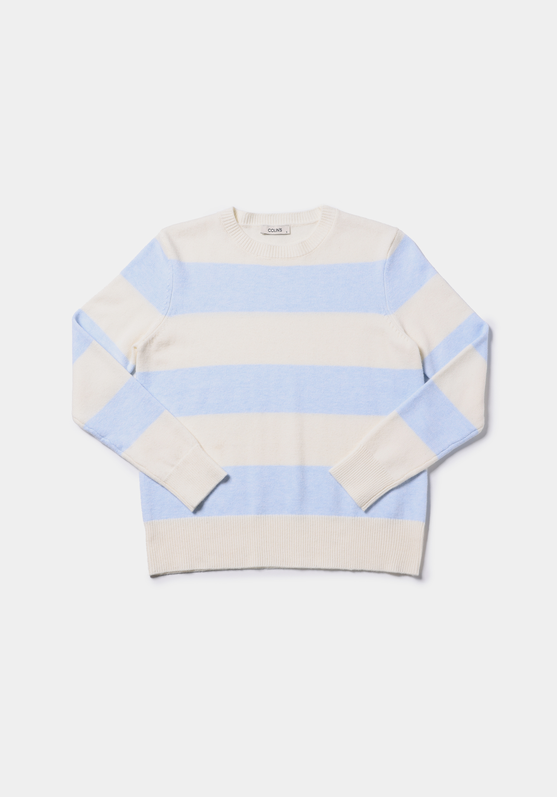 Regular Fit Yuvarlak Yaka Çizgili Kadın Beyaz Kazak