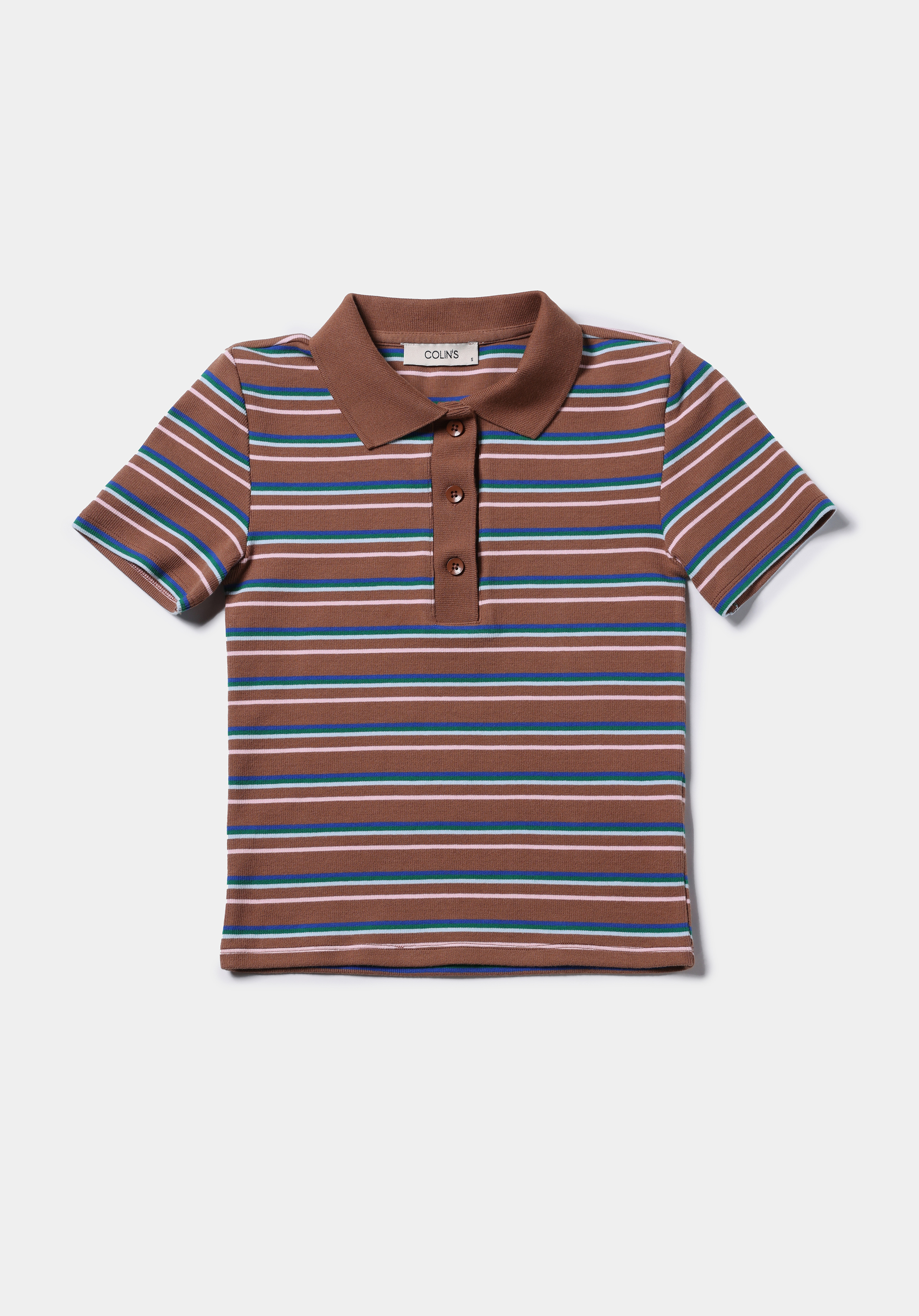 Slim Fit Polo Yaka Çizgili Kadın Kahverengi Kısa Kol Tişört