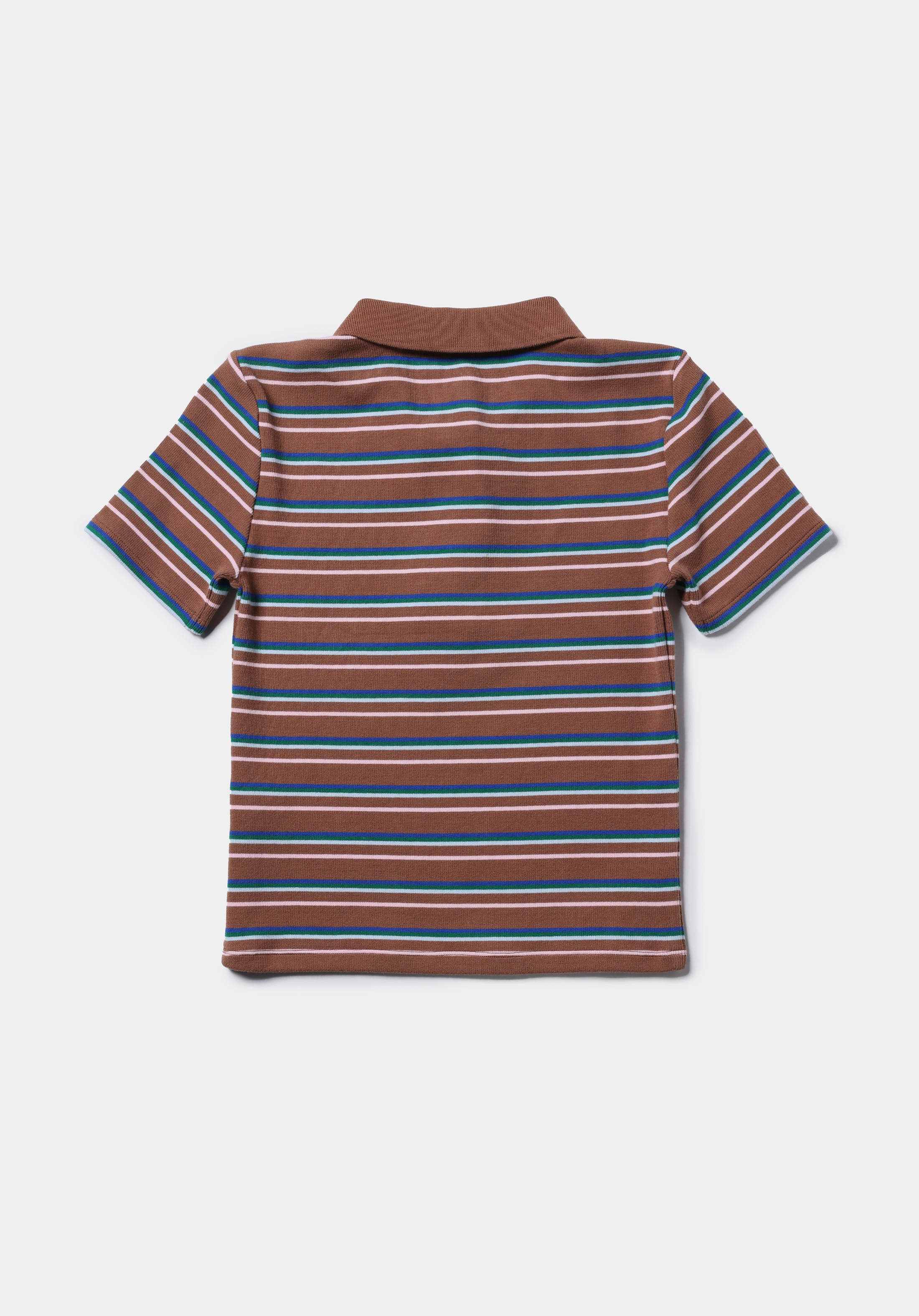 Slim Fit Polo Yaka Çizgili Kadın Kahverengi Kısa Kol Tişört