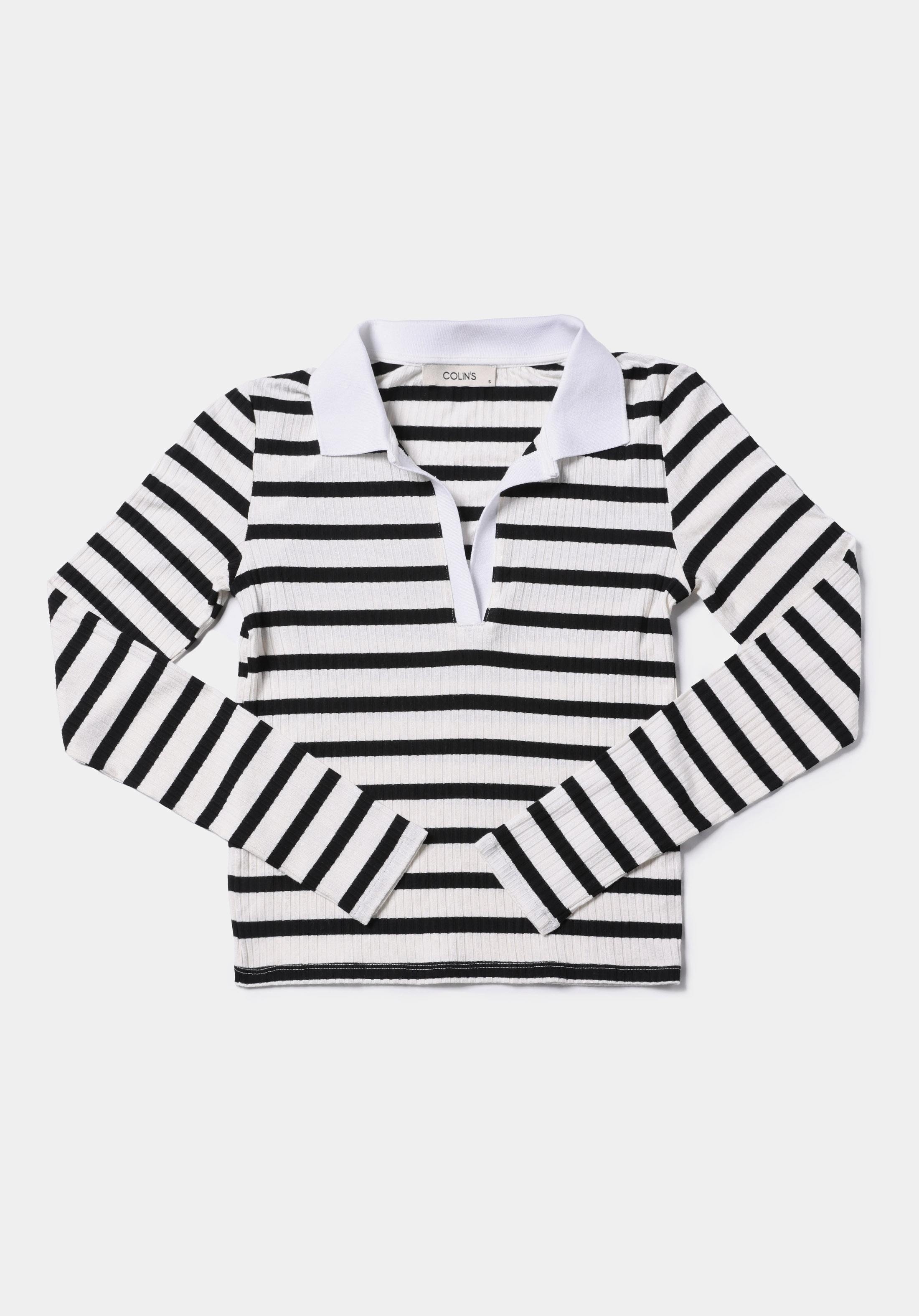 Slim Fit Polo Yaka Çizgili Kadın Siyah Uzun Kol Tişört