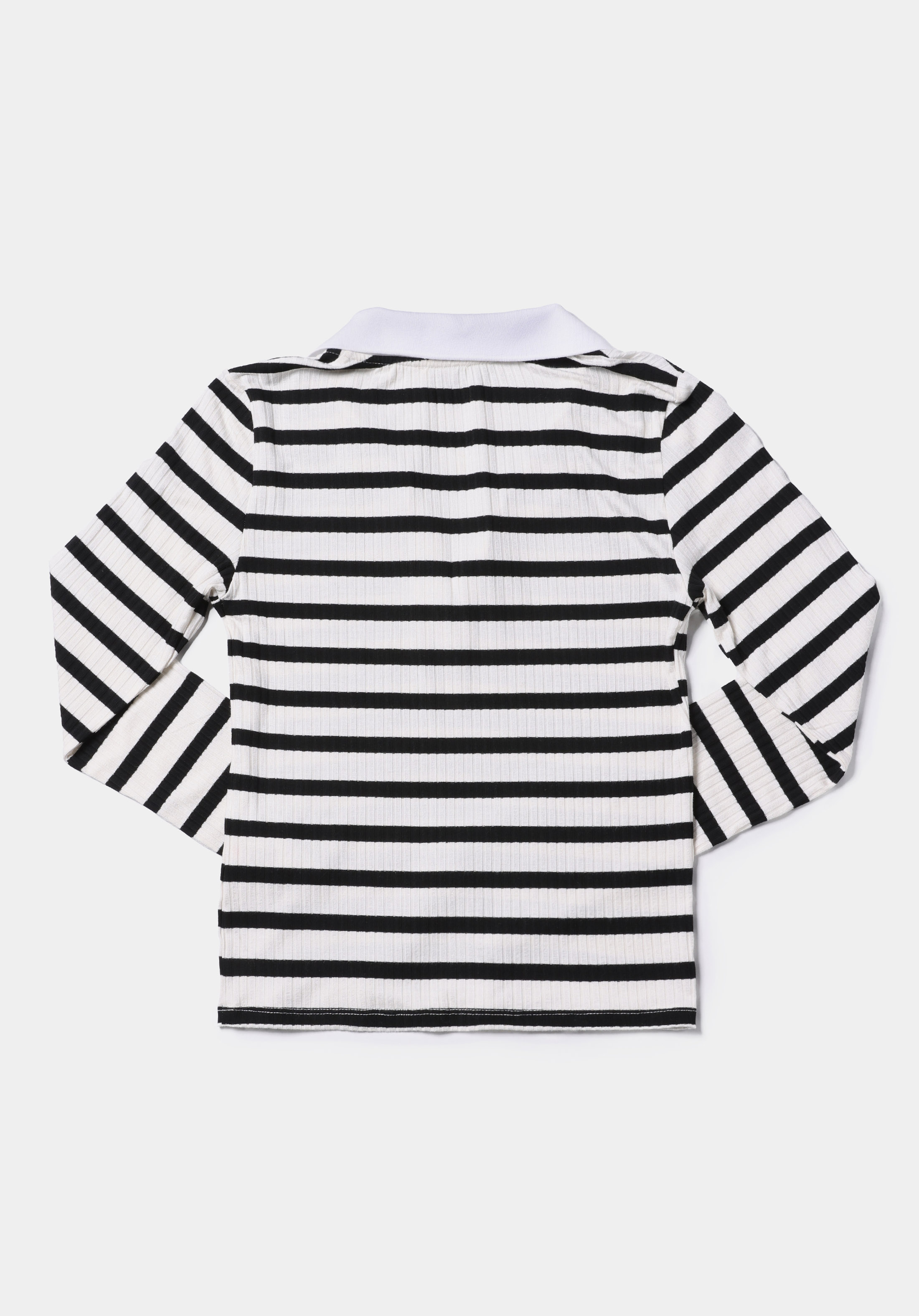 Slim Fit Polo Yaka Çizgili Kadın Siyah Uzun Kol Tişört