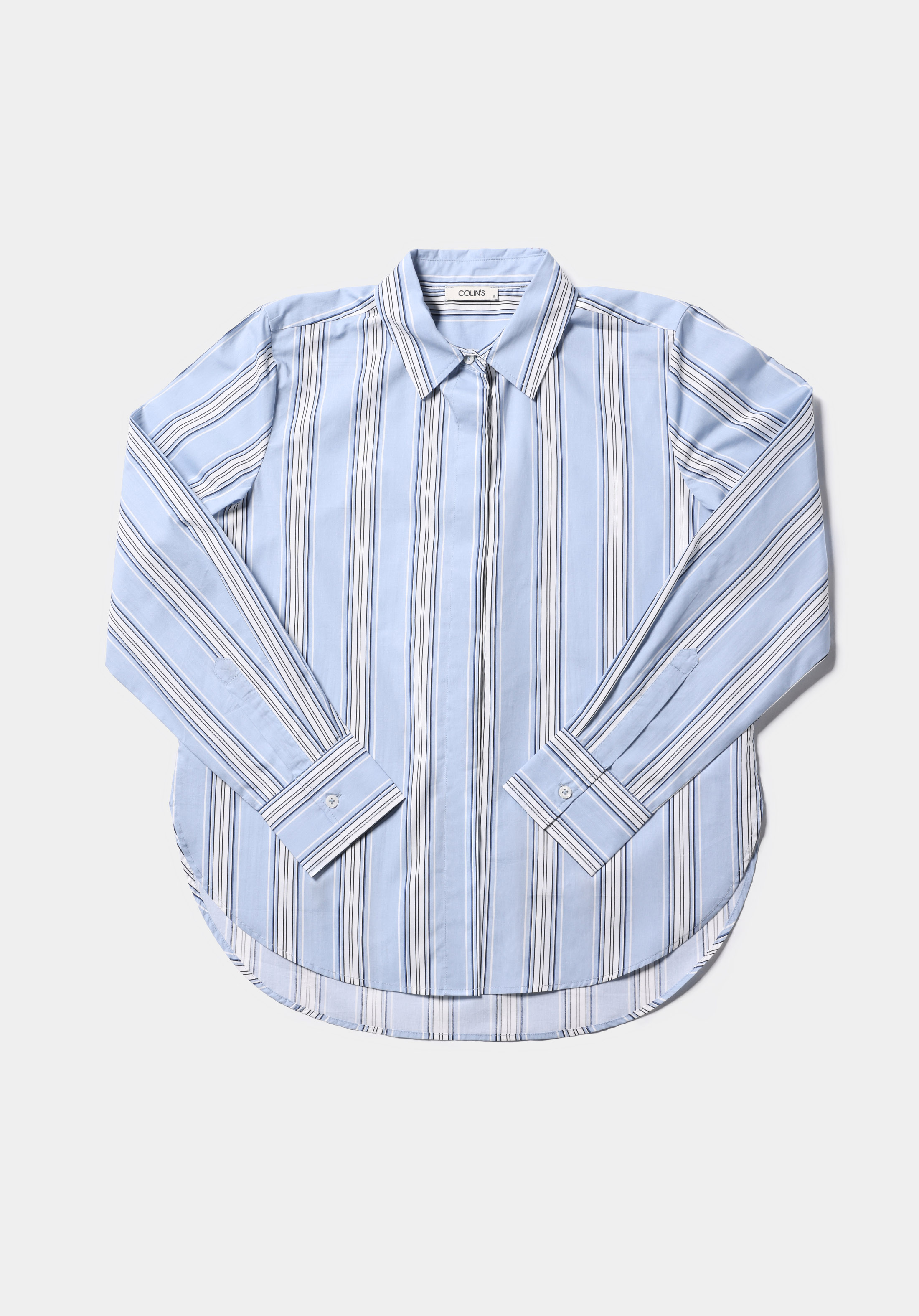 Regular Fit Shirt Neck Çizgili Kadın Mavi Uzun Kol Gömlek