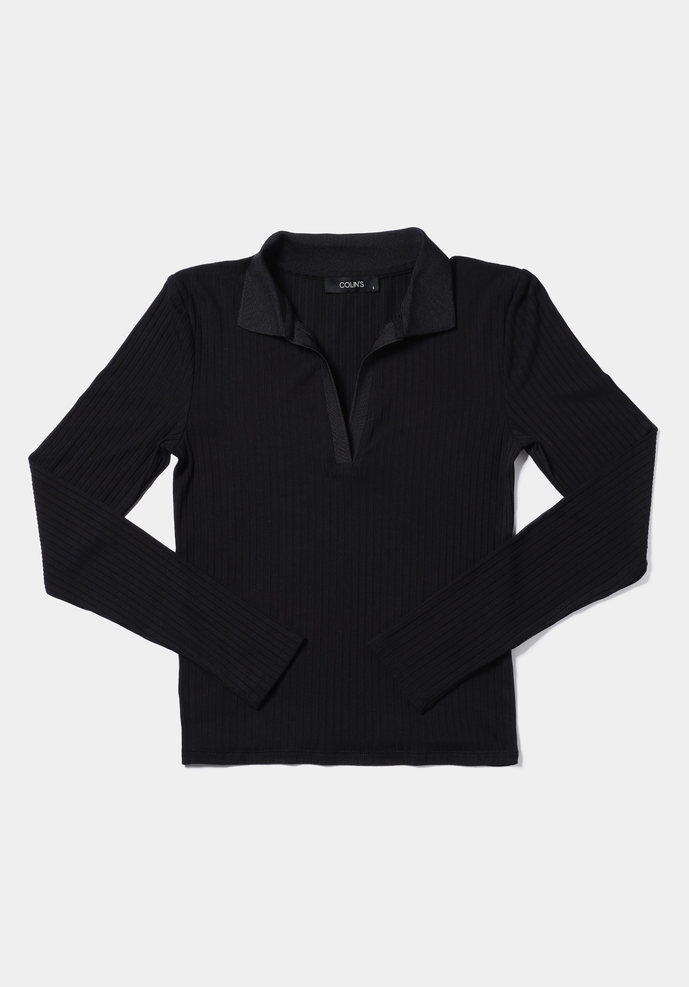Slim Fit Polo Yaka Düz Kadın Siyah Uzun Kol Tişört