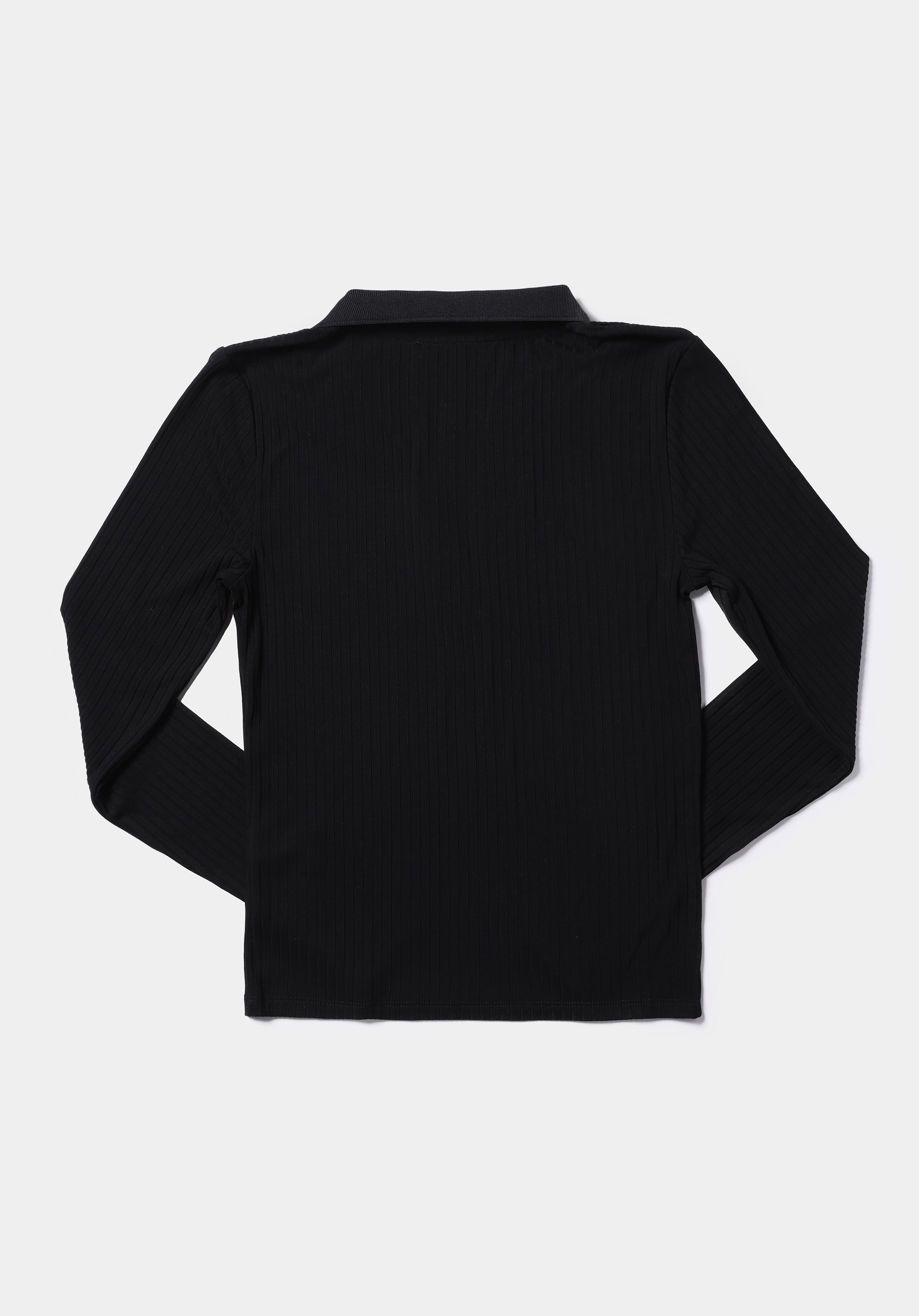 Slim Fit Polo Yaka Düz Kadın Siyah Uzun Kol Tişört