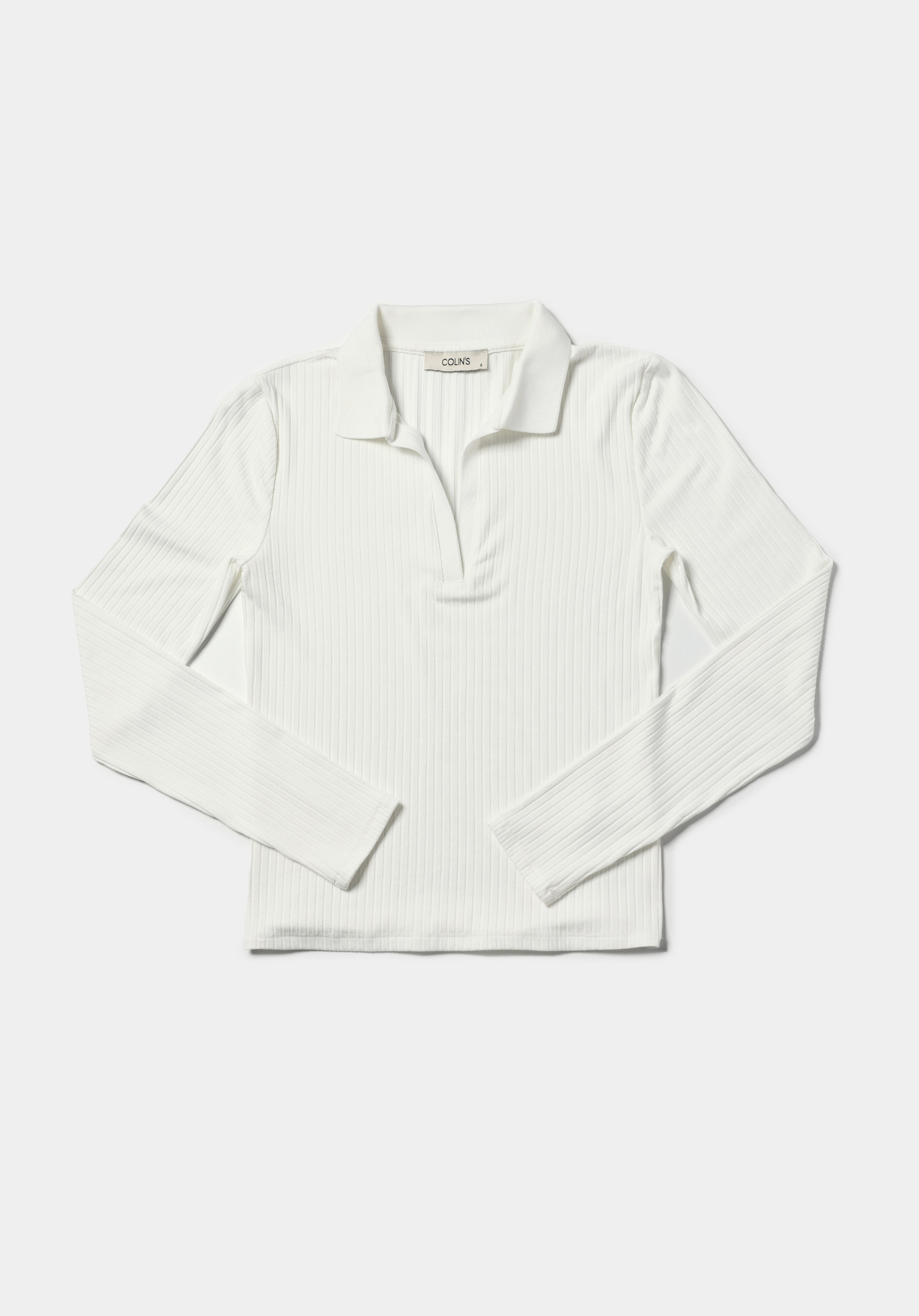 Slim Fit Polo Yaka Düz Kadın Beyaz Uzun Kol Tişört