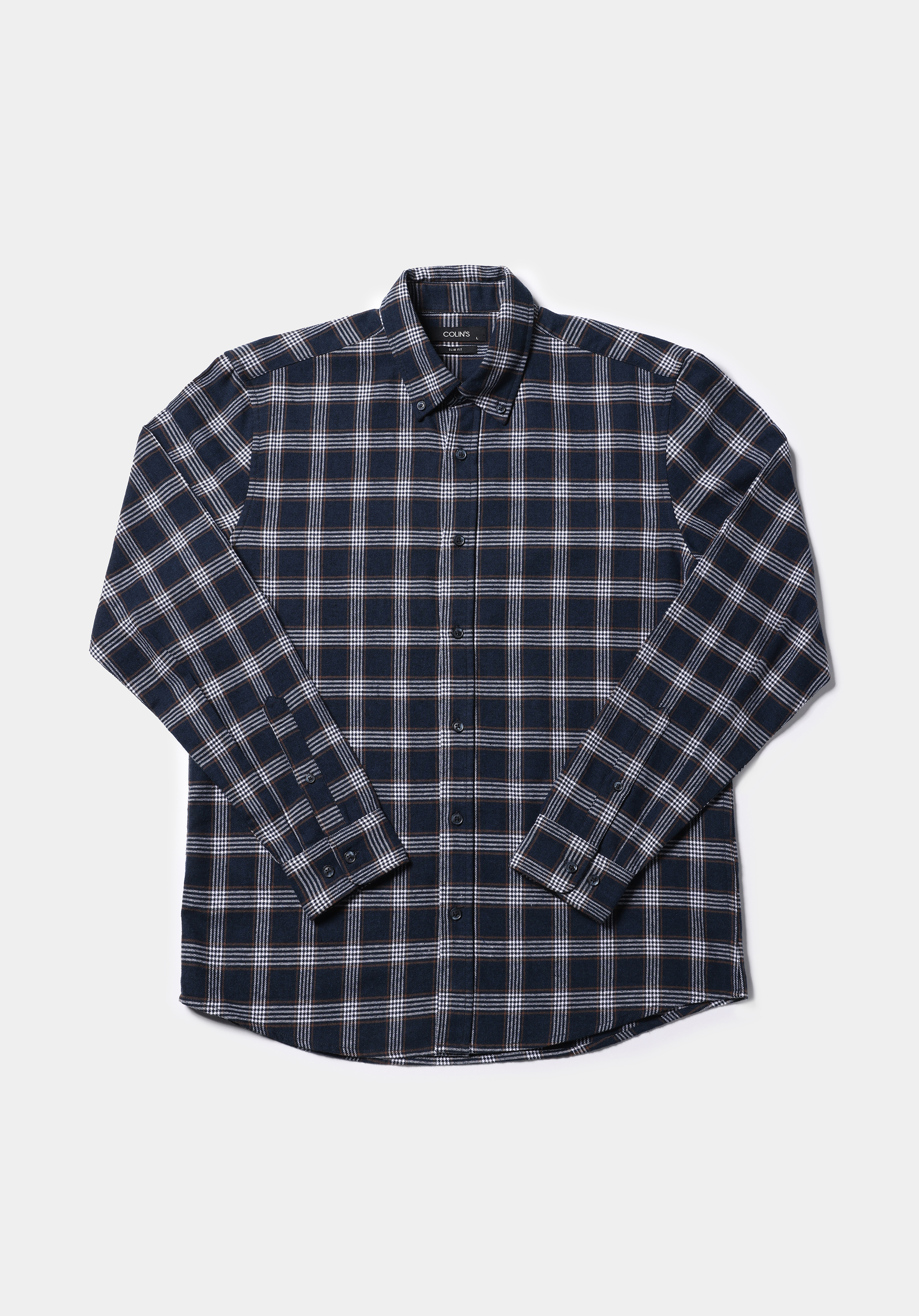 Slim Fit Shirt Neck Ekoseli Erkek Lacivert Uzun Kol Gömlek