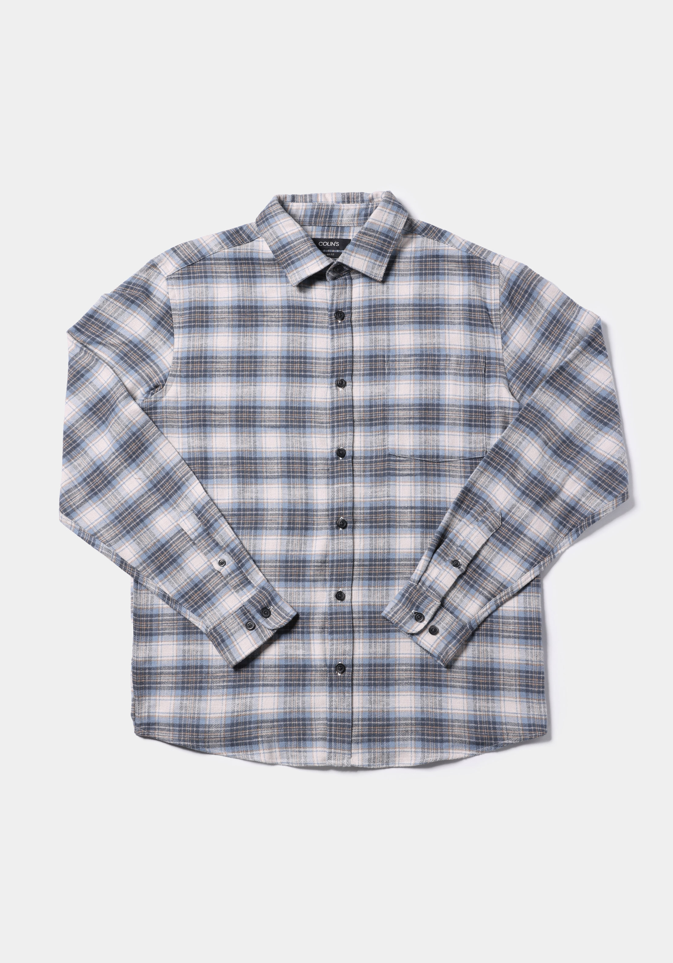 Regular Fit Shirt Neck Ekoseli Erkek Mavi Uzun Kol Gömlek