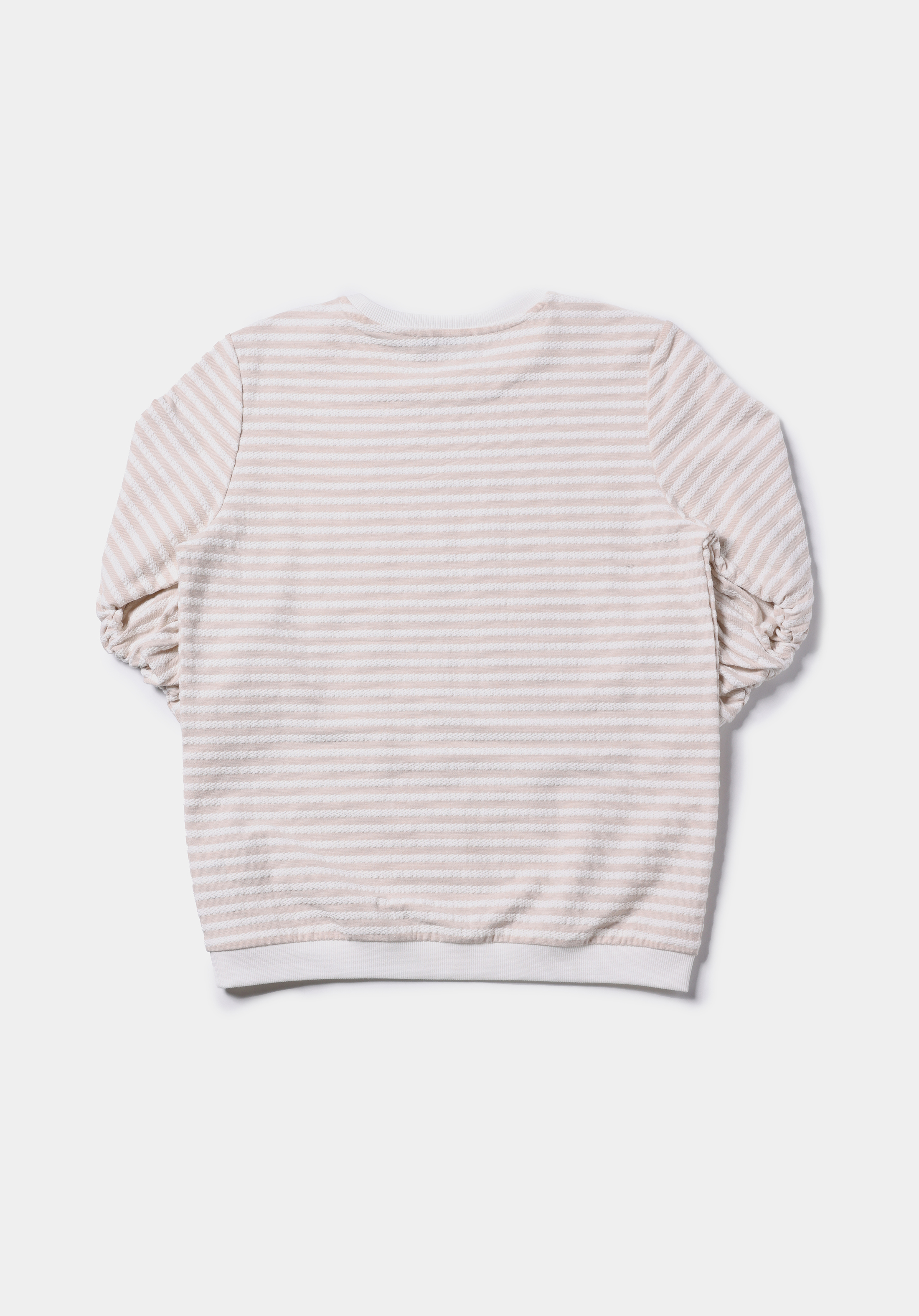 Regular Fit Yuvarlak Yaka Çizgili Kadın Bej ¾ Kol Tişört