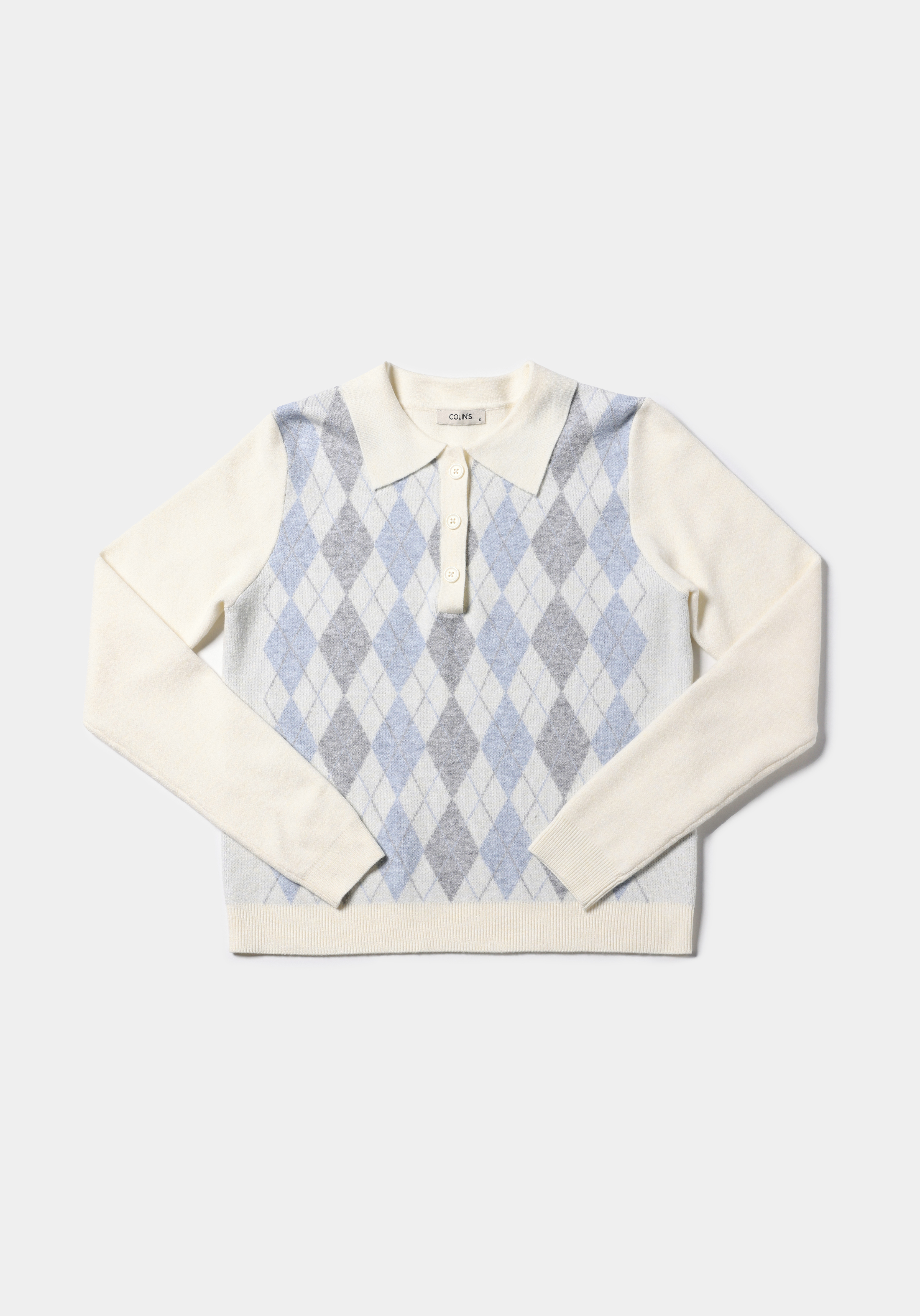 Regular Fit Polo Yaka Baskılı Kadın Beyaz Kazak