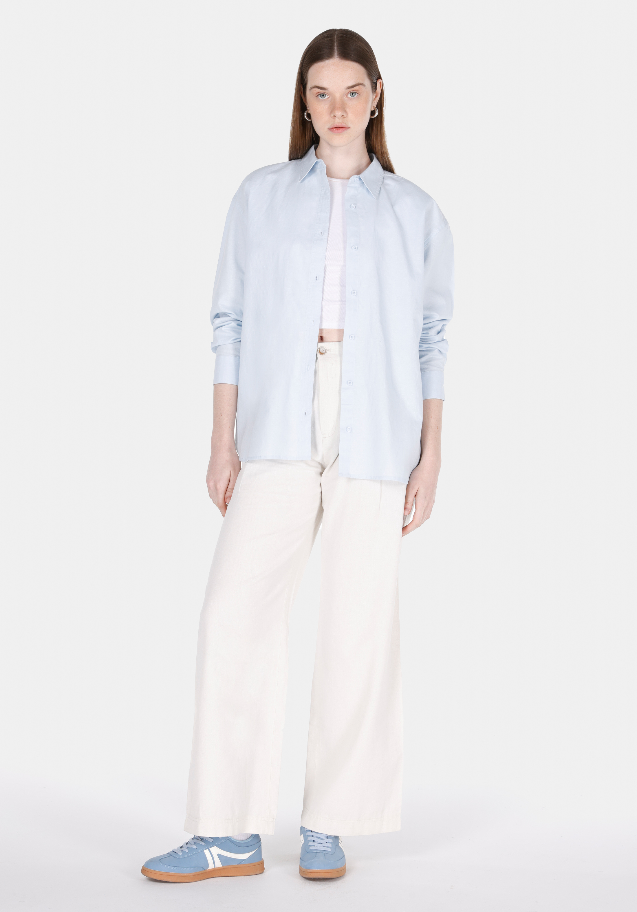 Relax Fit Shirt Neck Düz Kadın Mavi Uzun Kol Gömlek