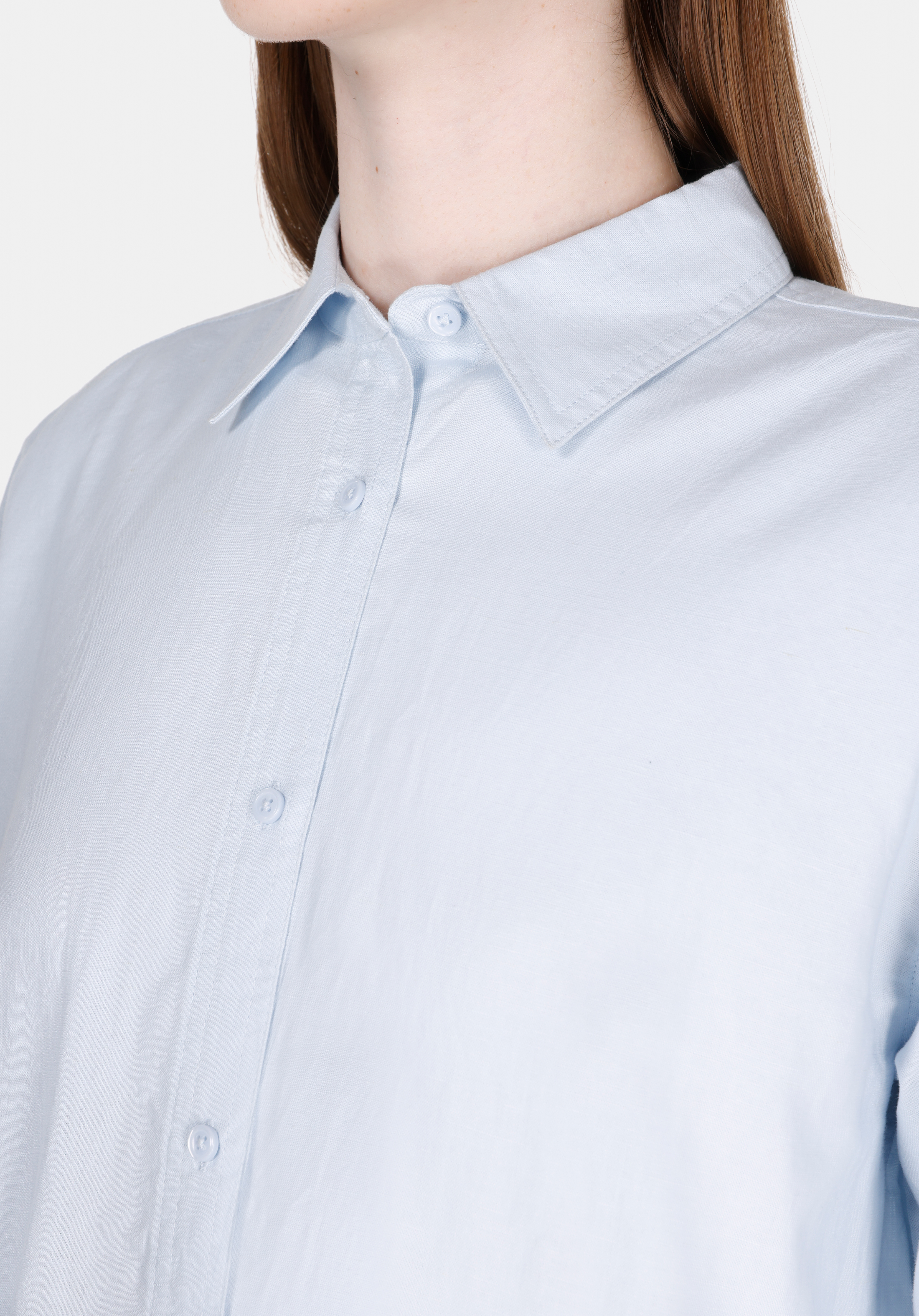 Relax Fit Shirt Neck Düz Kadın Mavi Uzun Kol Gömlek