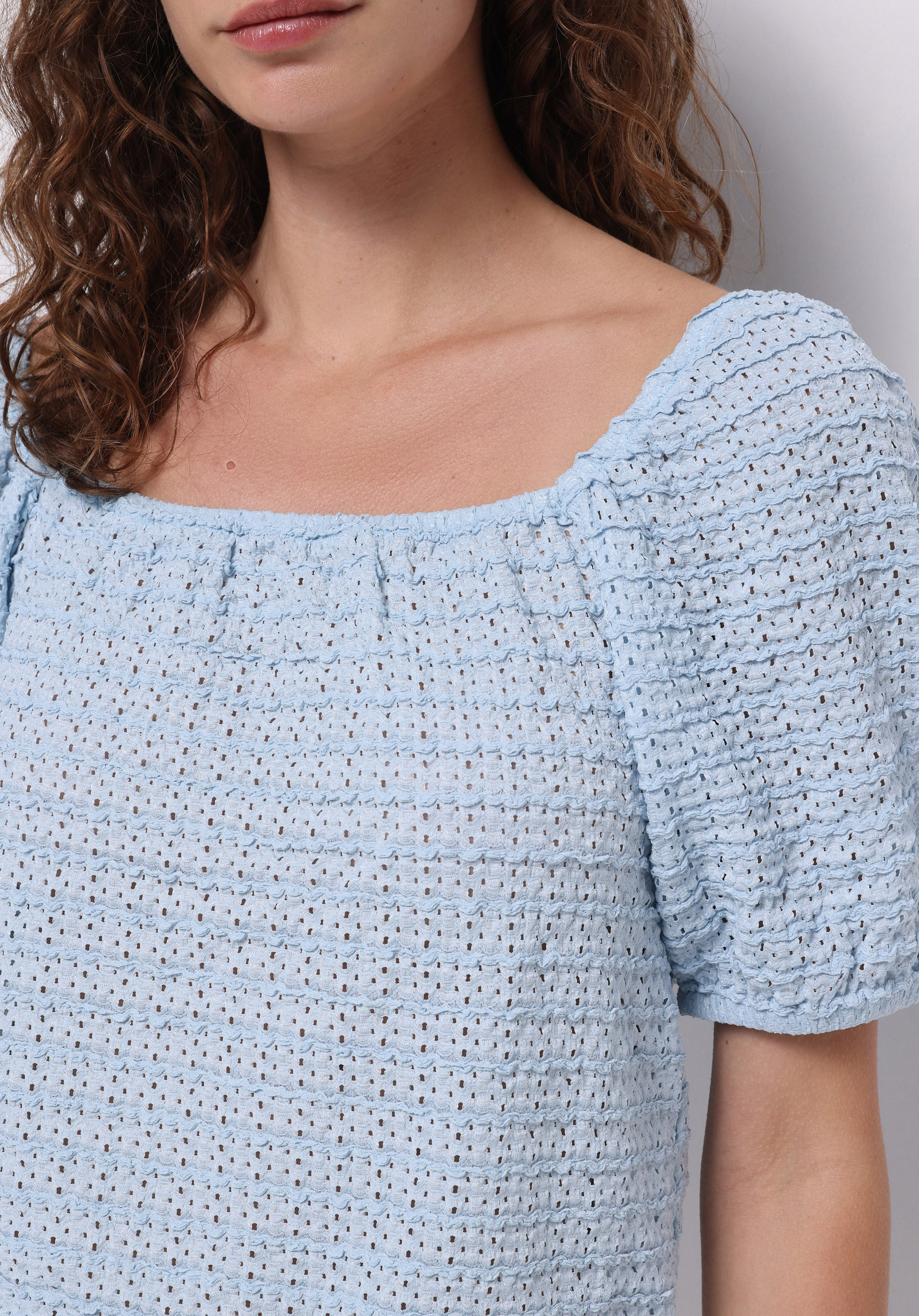 Regular Fit Kare Yaka Jakarlı Kadın Mavi Balon Kol Tişört