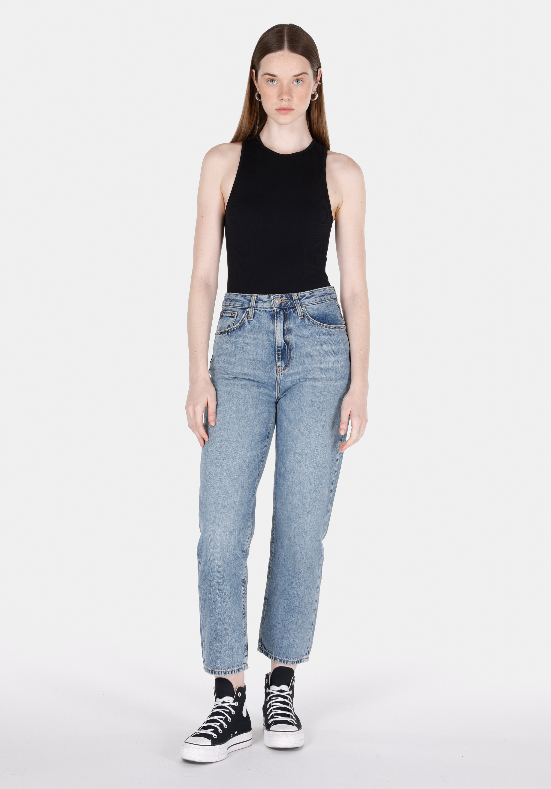 Straight Fit Yüksel Bel Düz Paça Kadın Light İndigo Denim Jean Pantolon