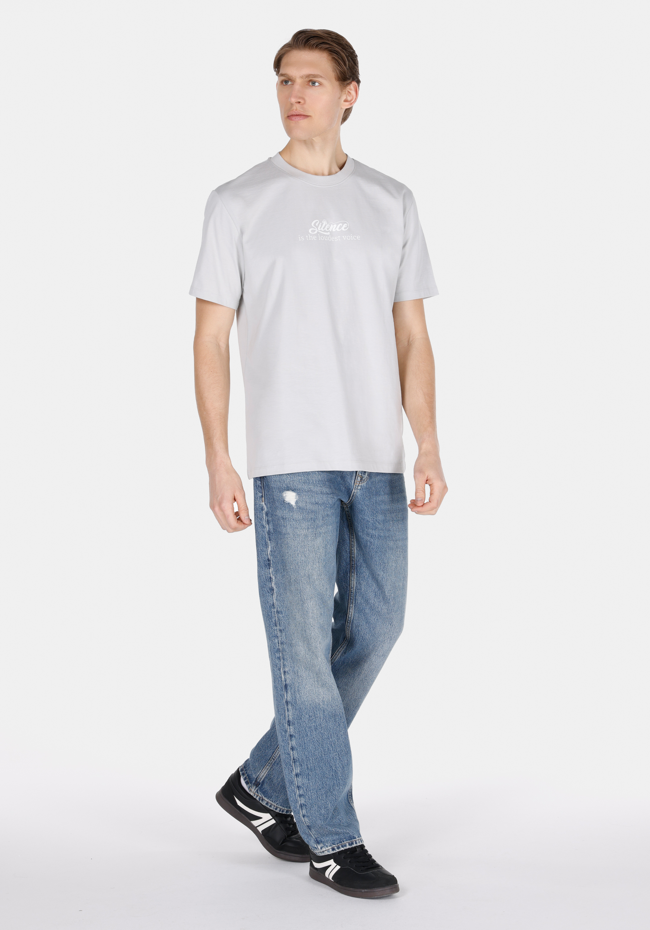 Comfort Fit Yuvarlak Yaka Düz Erkek Gri Kısa Kol Tişört