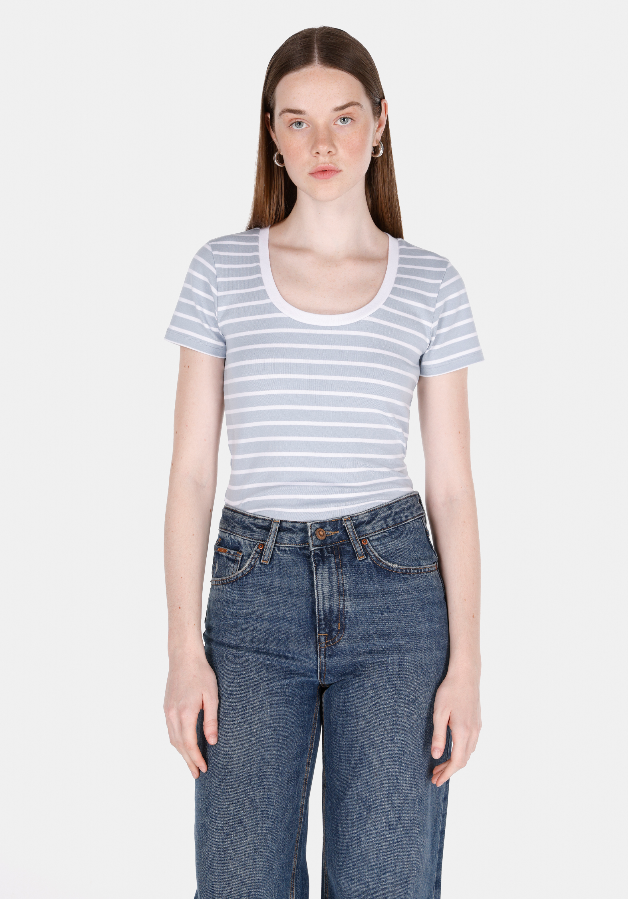 Slim Fit Kare Yaka Çizgili Kadın Mavi Kısa Kol Tişört