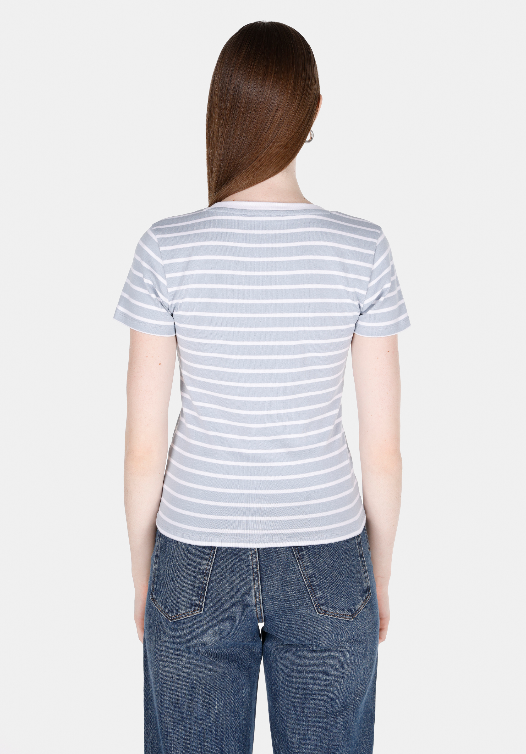 Slim Fit Kare Yaka Çizgili Kadın Mavi Kısa Kol Tişört