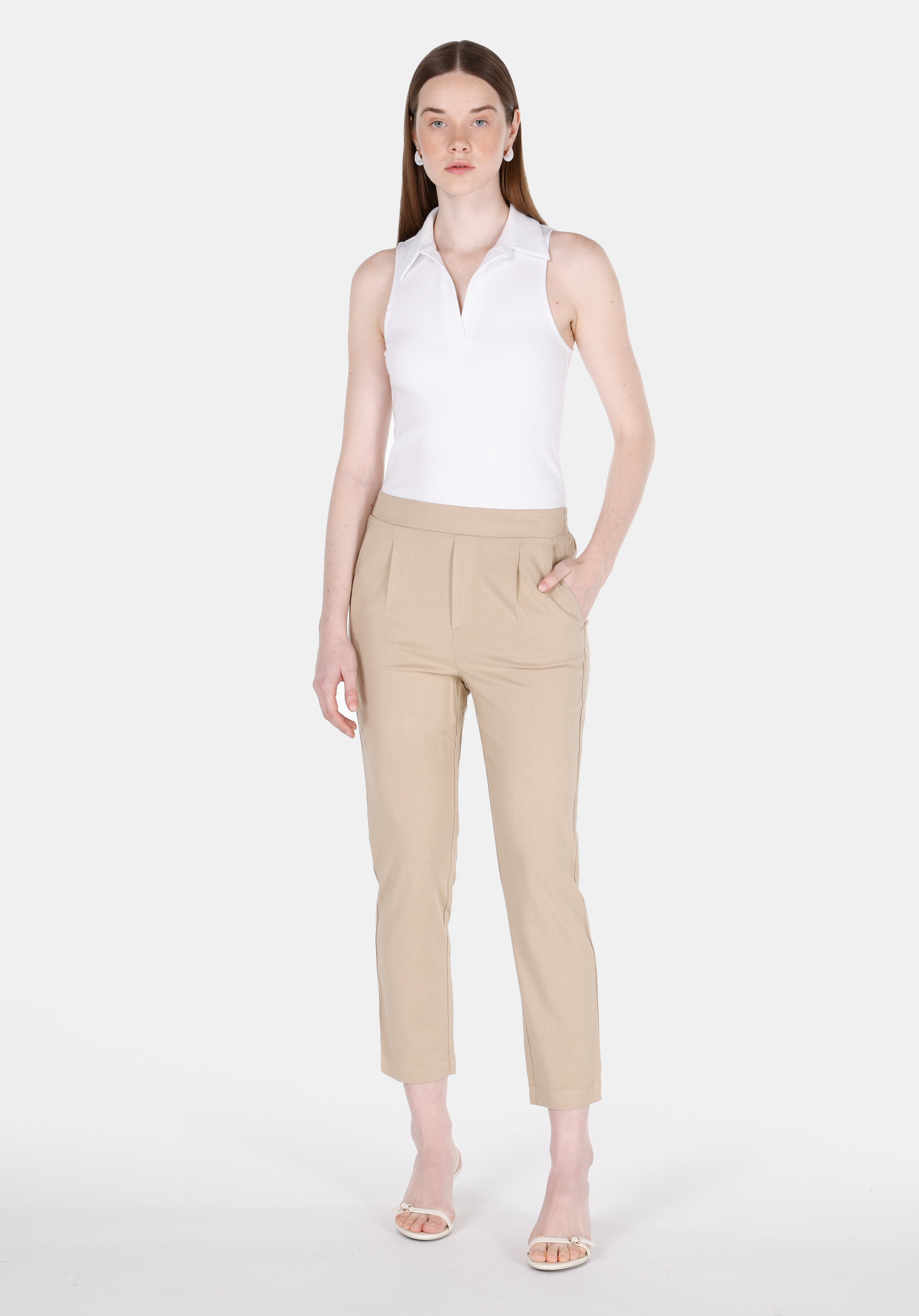 Regular Fit Yüksel Bel Düz Paça Kadın Vizon  Pantolon