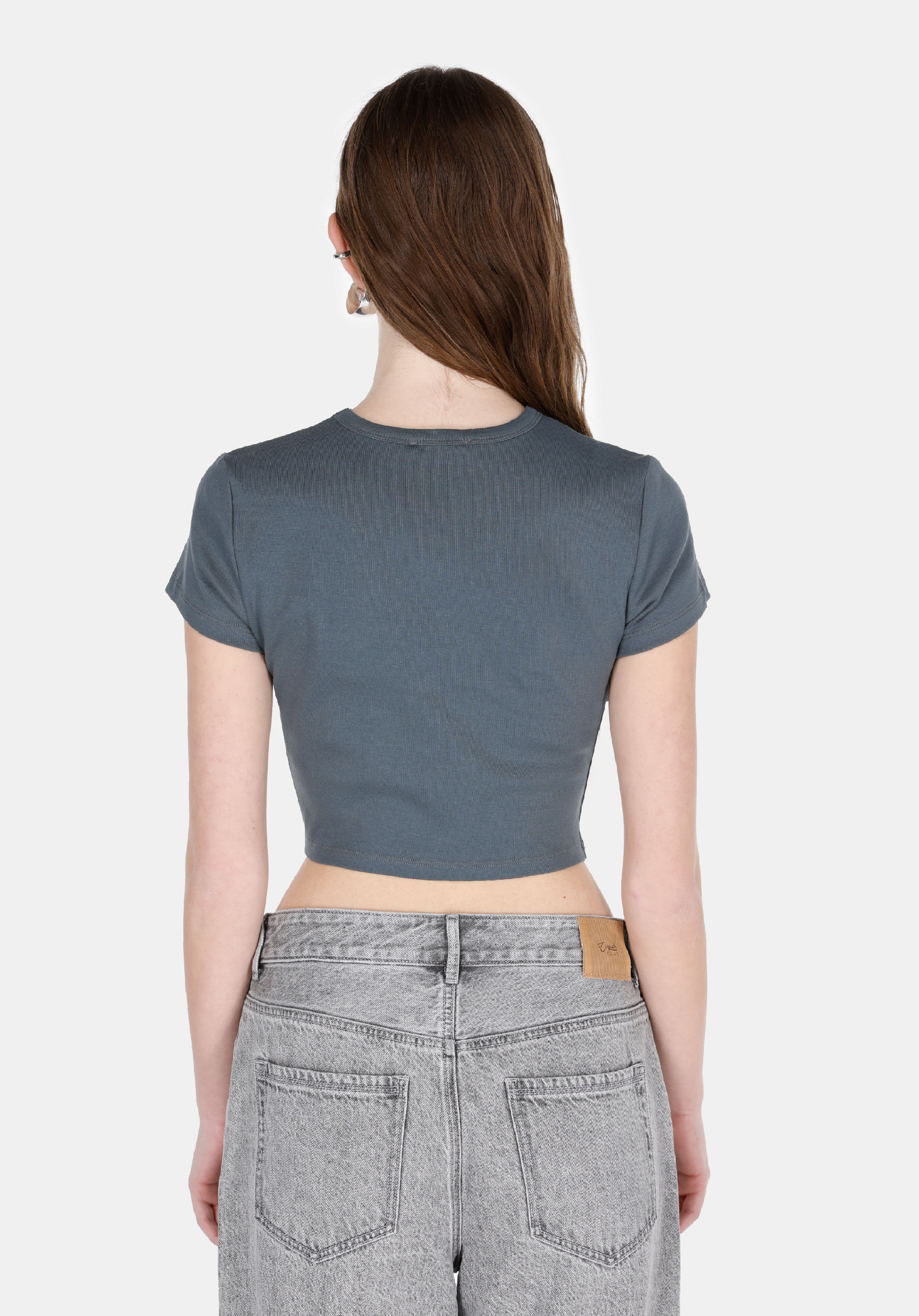 Slim Fit   Kadın Antrasit Kısa Kol Tişört