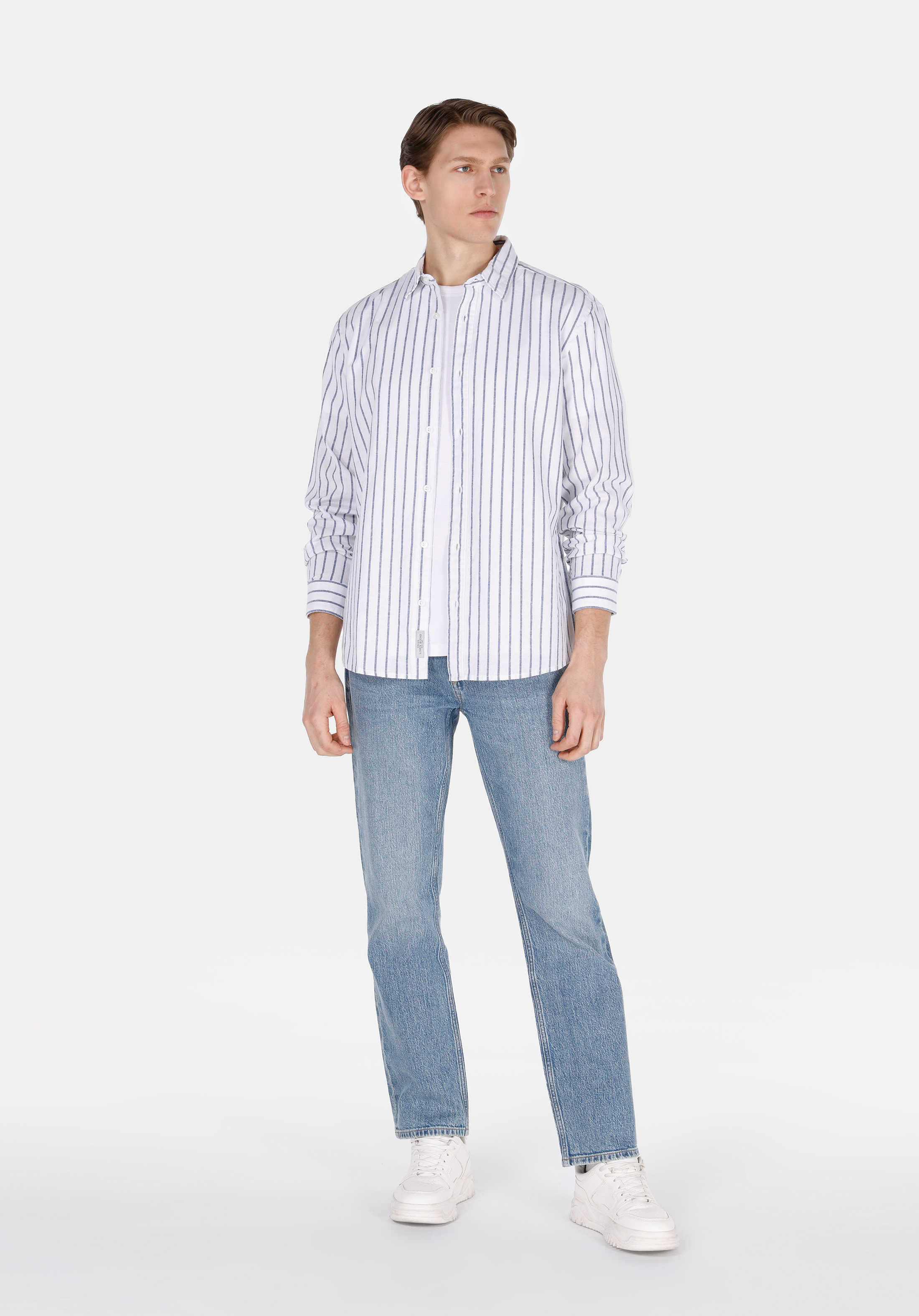 Regular Fit Shirt Neck Çizgili Erkek Lacivert Uzun Kol Gömlek