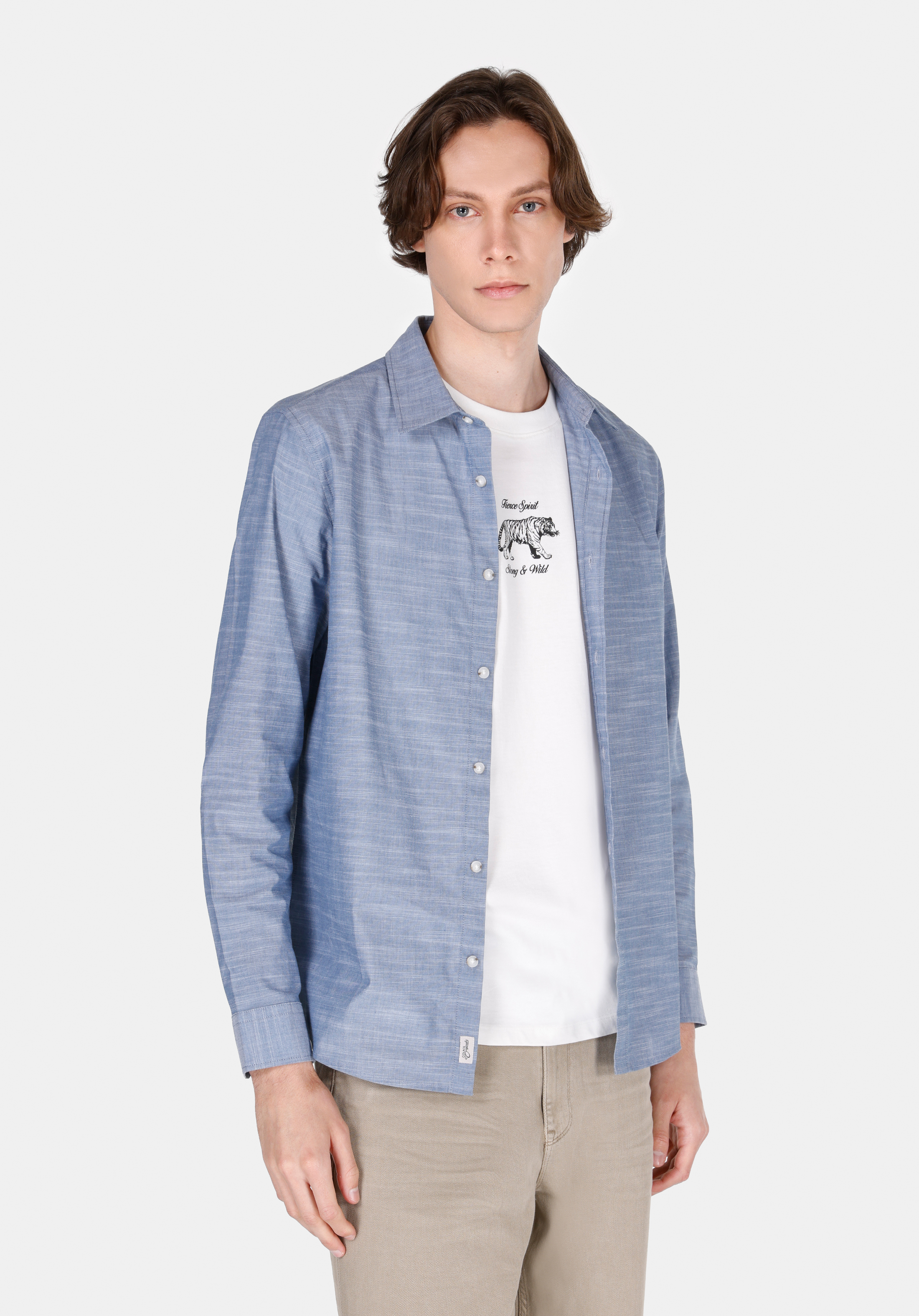 Regular Fit Shirt Neck Düz Erkek Mavi Uzun Kol Gömlek