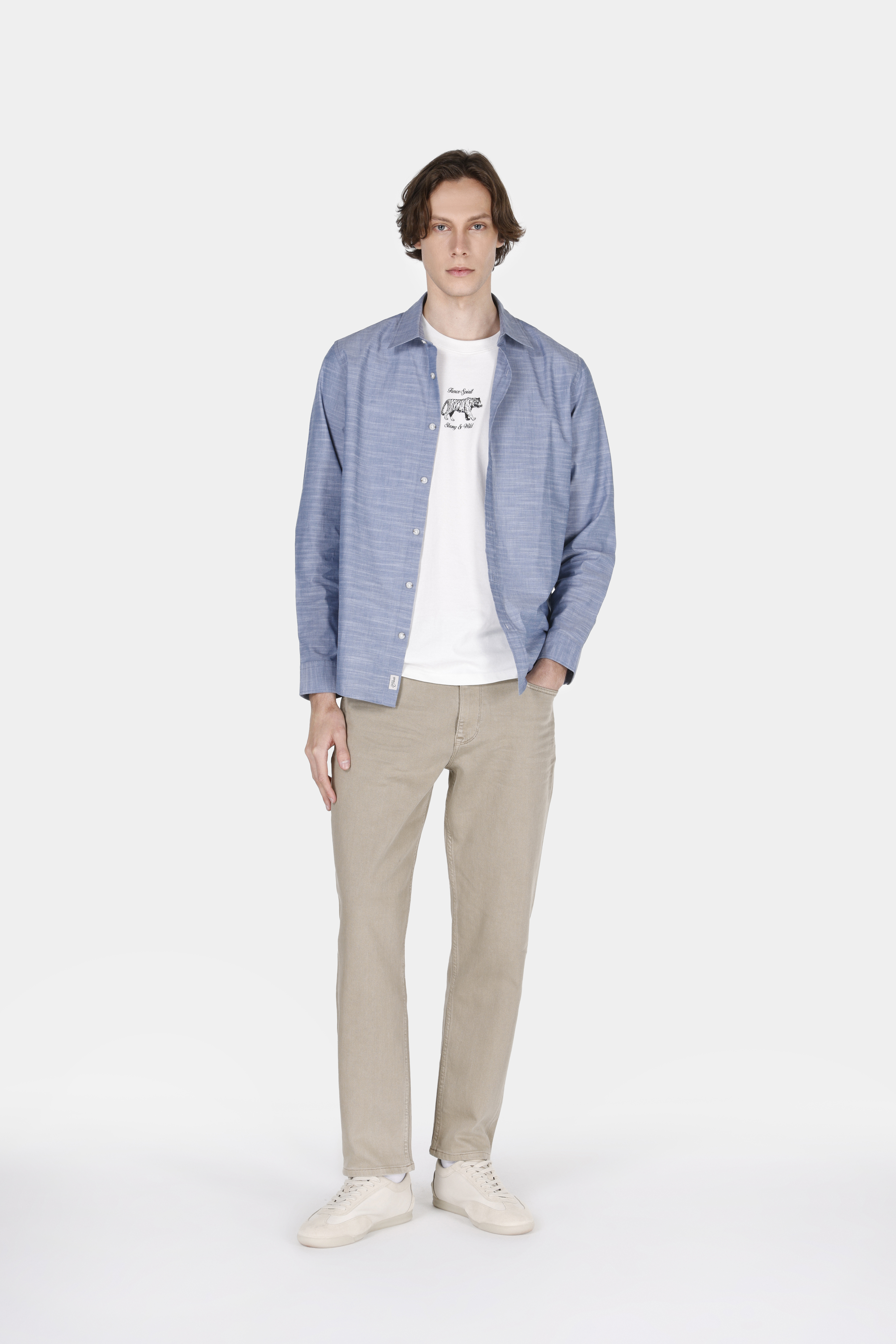 Regular Fit Shirt Neck Düz Erkek Mavi Uzun Kol Gömlek