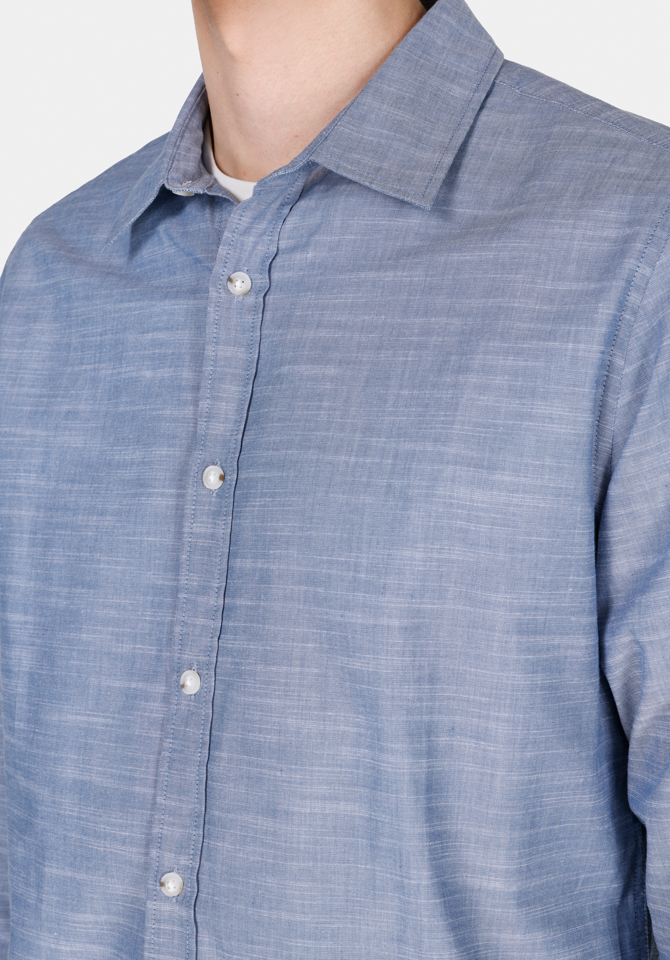 Regular Fit Shirt Neck Düz Erkek Mavi Uzun Kol Gömlek