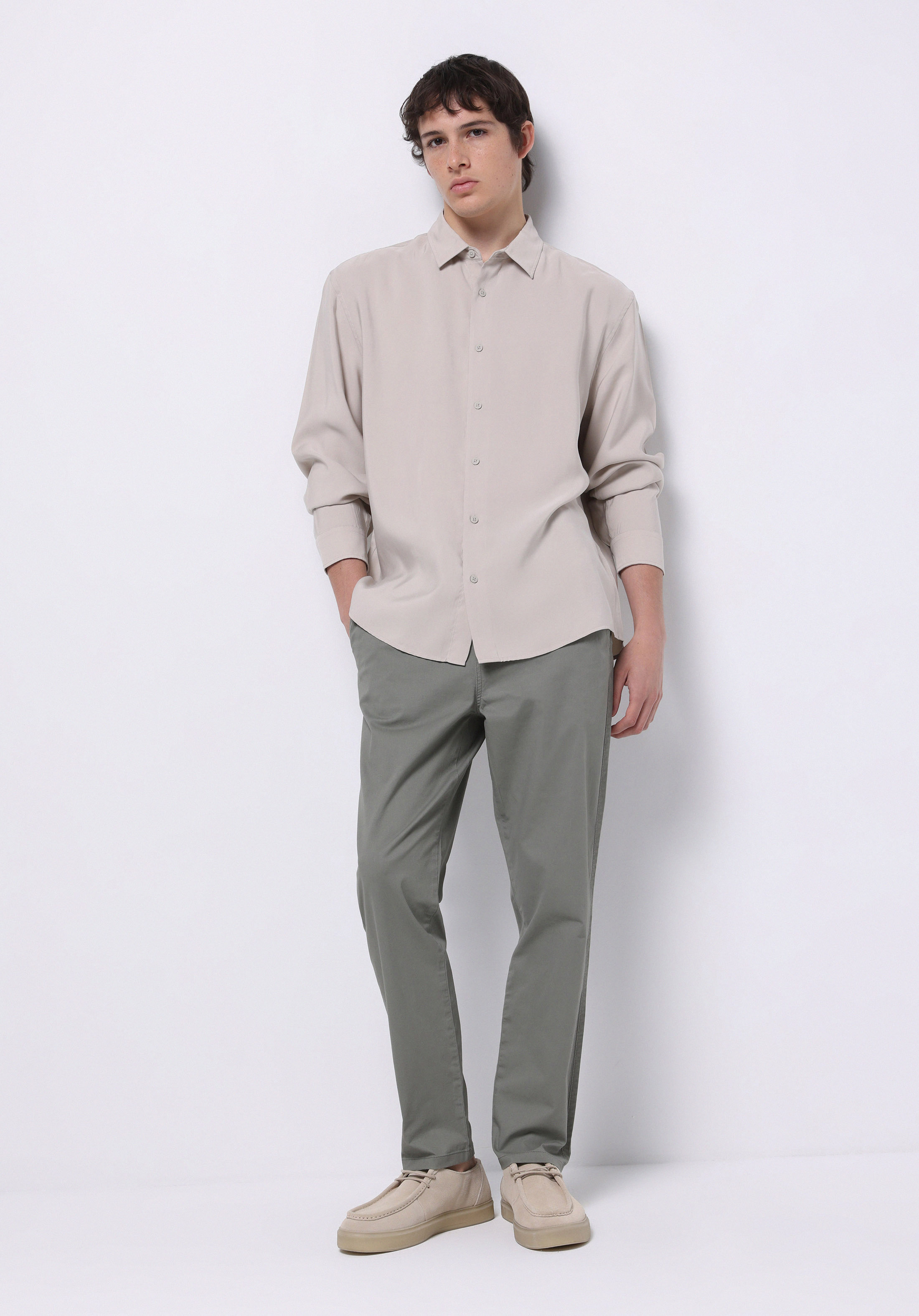 Comfort Fit Shirt Neck Düz Erkek Bej Uzun Kol Gömlek