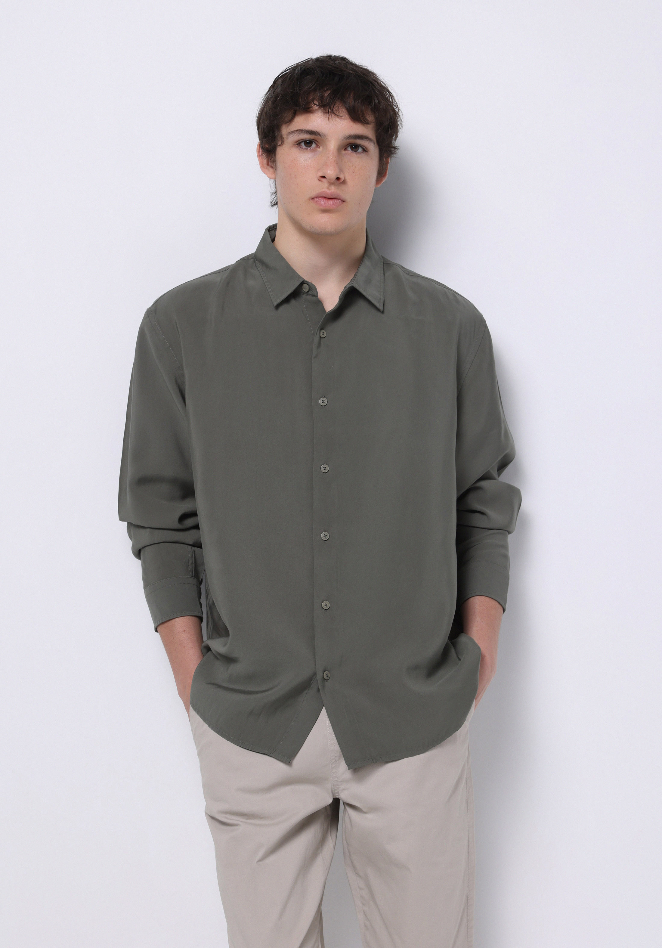 Comfort Fit Shirt Neck Düz Erkek Yeşil Uzun Kol Gömlek