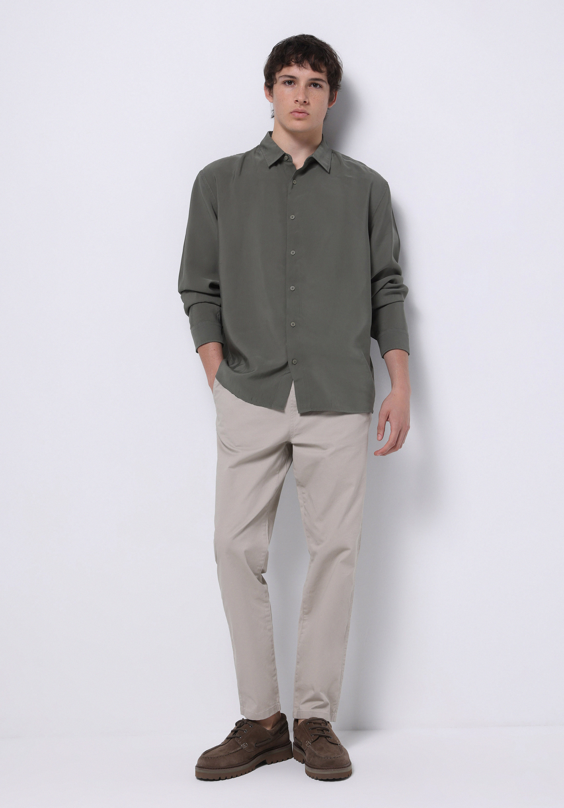 Comfort Fit Shirt Neck Düz Erkek Yeşil Uzun Kol Gömlek