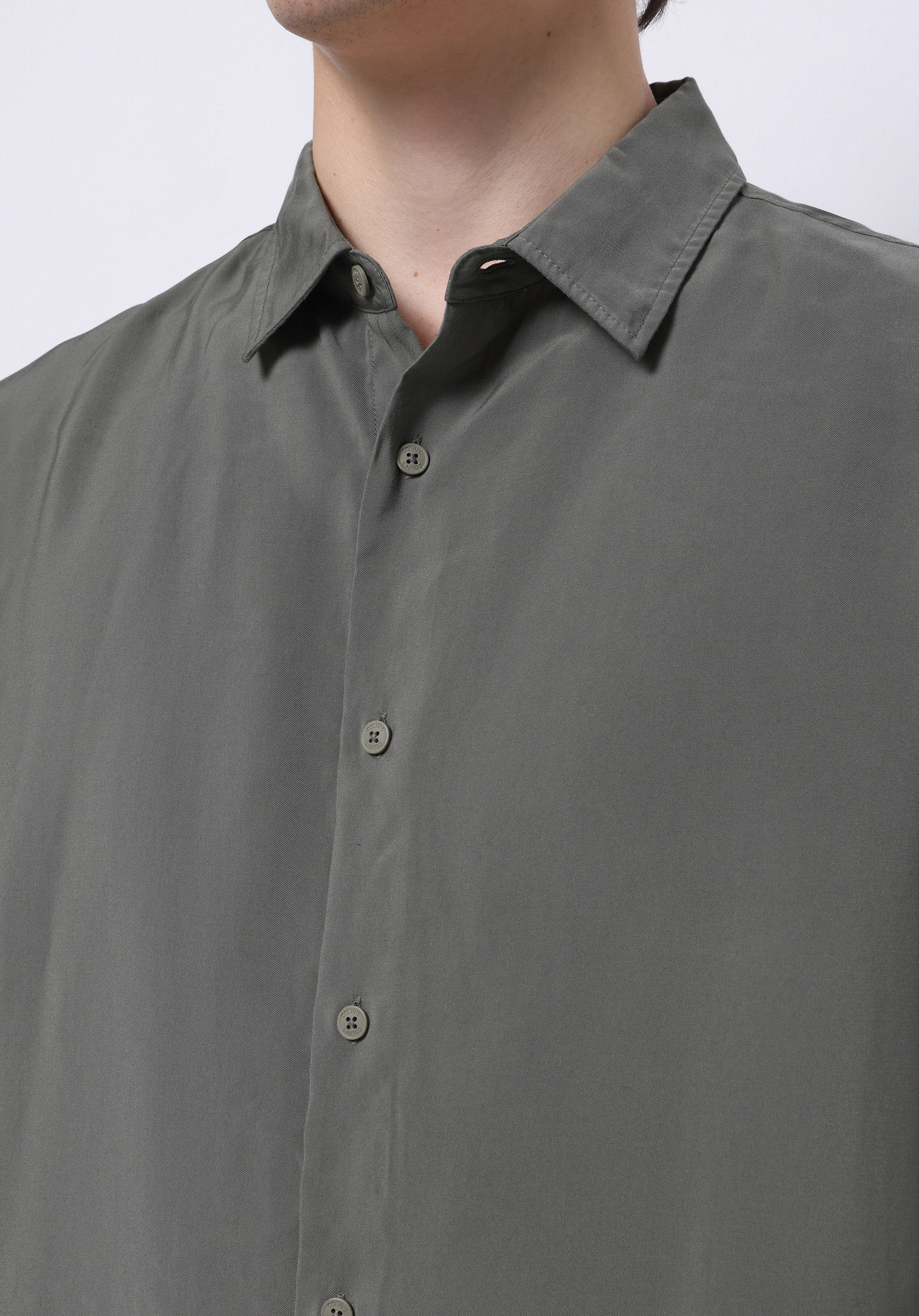 Comfort Fit Shirt Neck Düz Erkek Yeşil Uzun Kol Gömlek