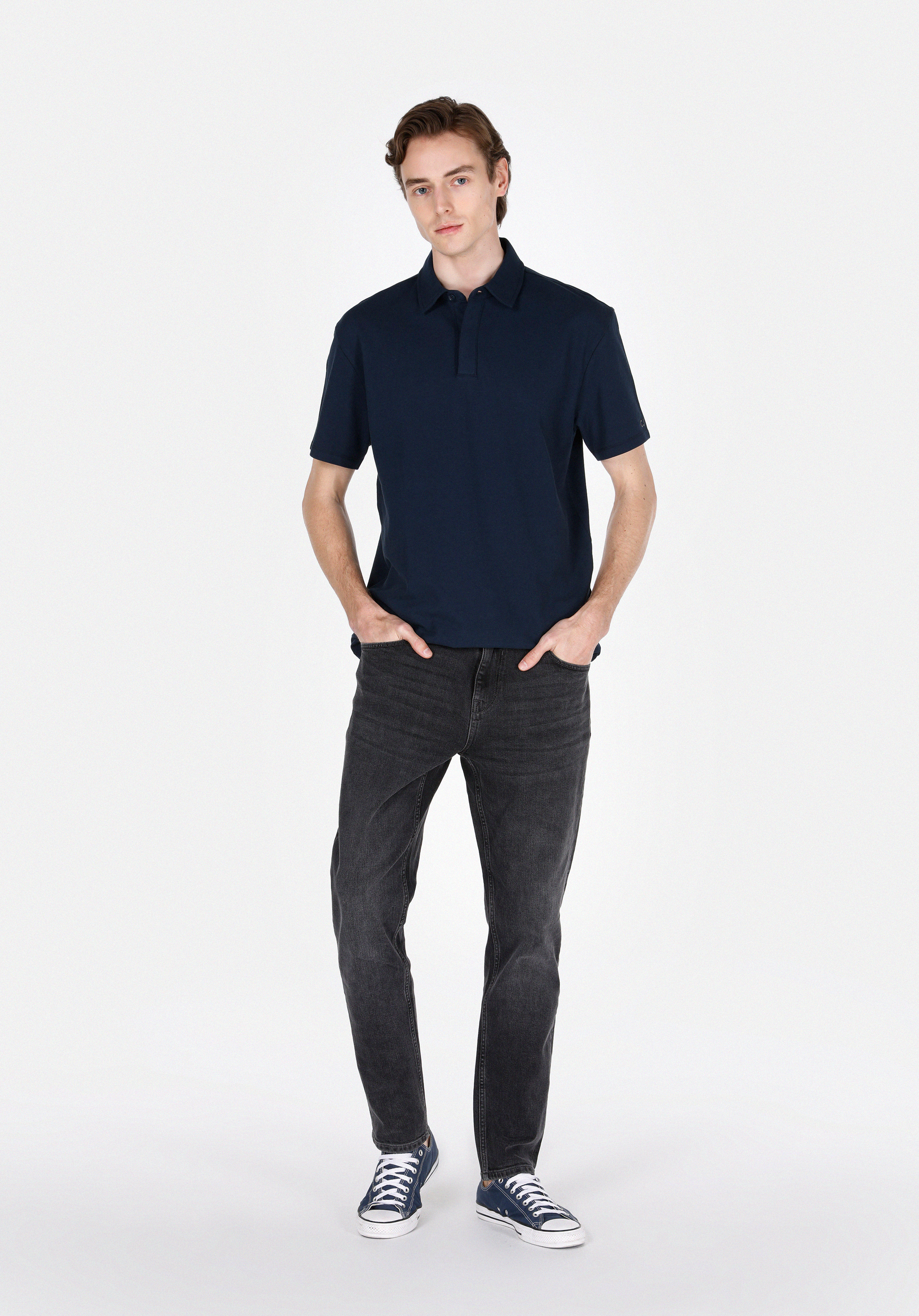 Comfort Fit Polo Yaka Düz Erkek Lacivert Kısa Kol Tişört