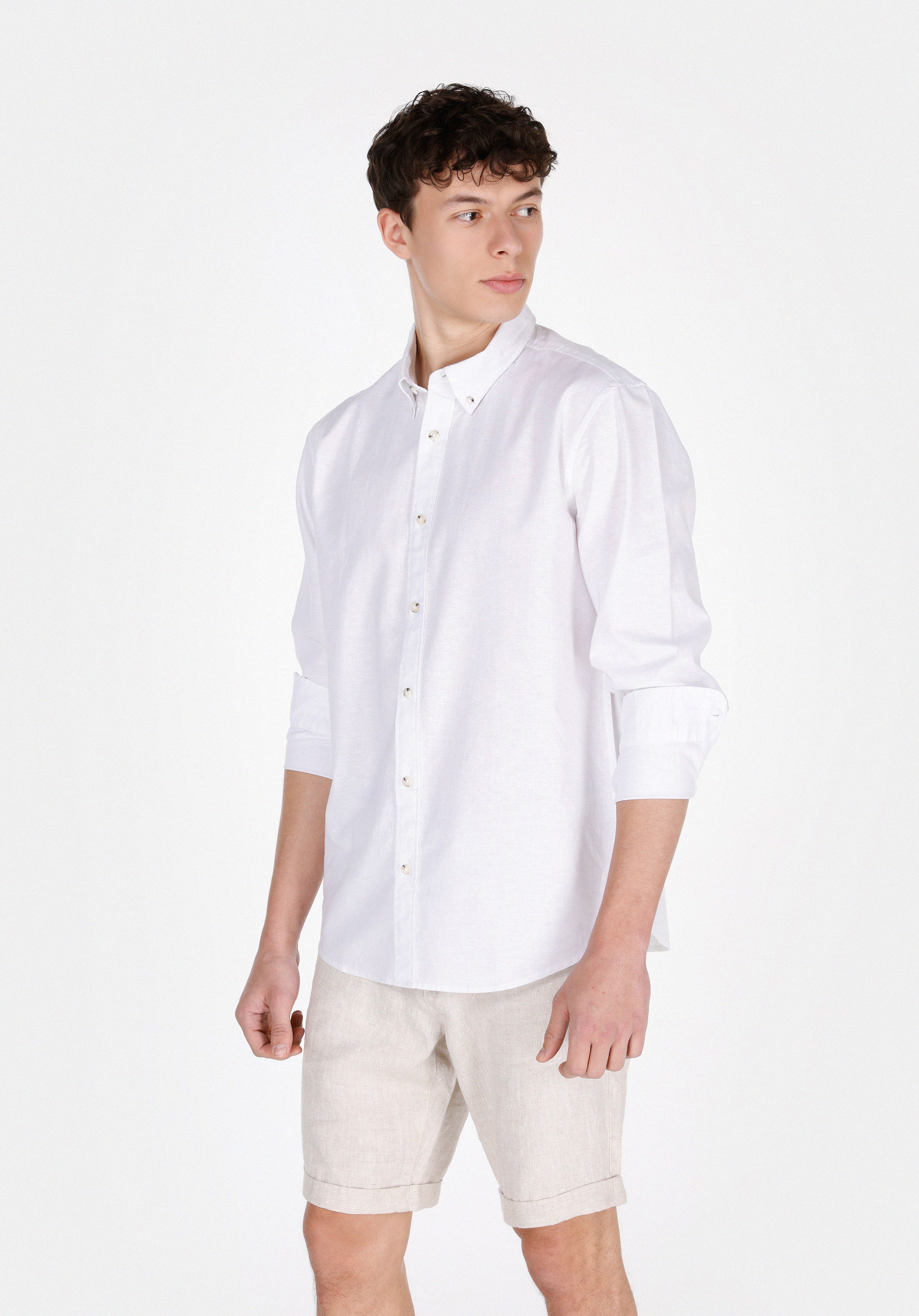 Regular Fit Shirt Neck Düz Erkek Beyaz Uzun Kol Gömlek