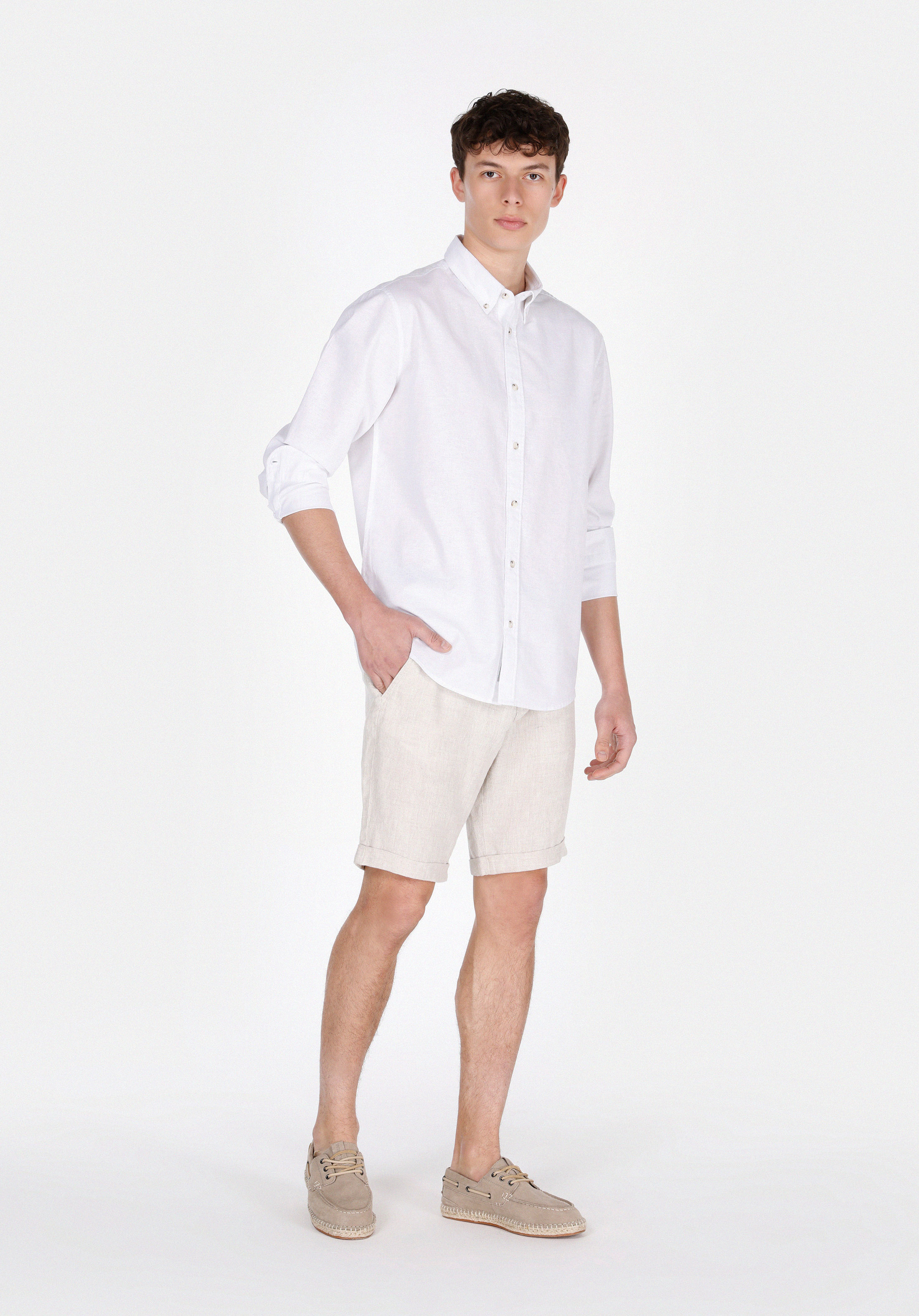 Regular Fit Shirt Neck Düz Erkek Beyaz Uzun Kol Gömlek