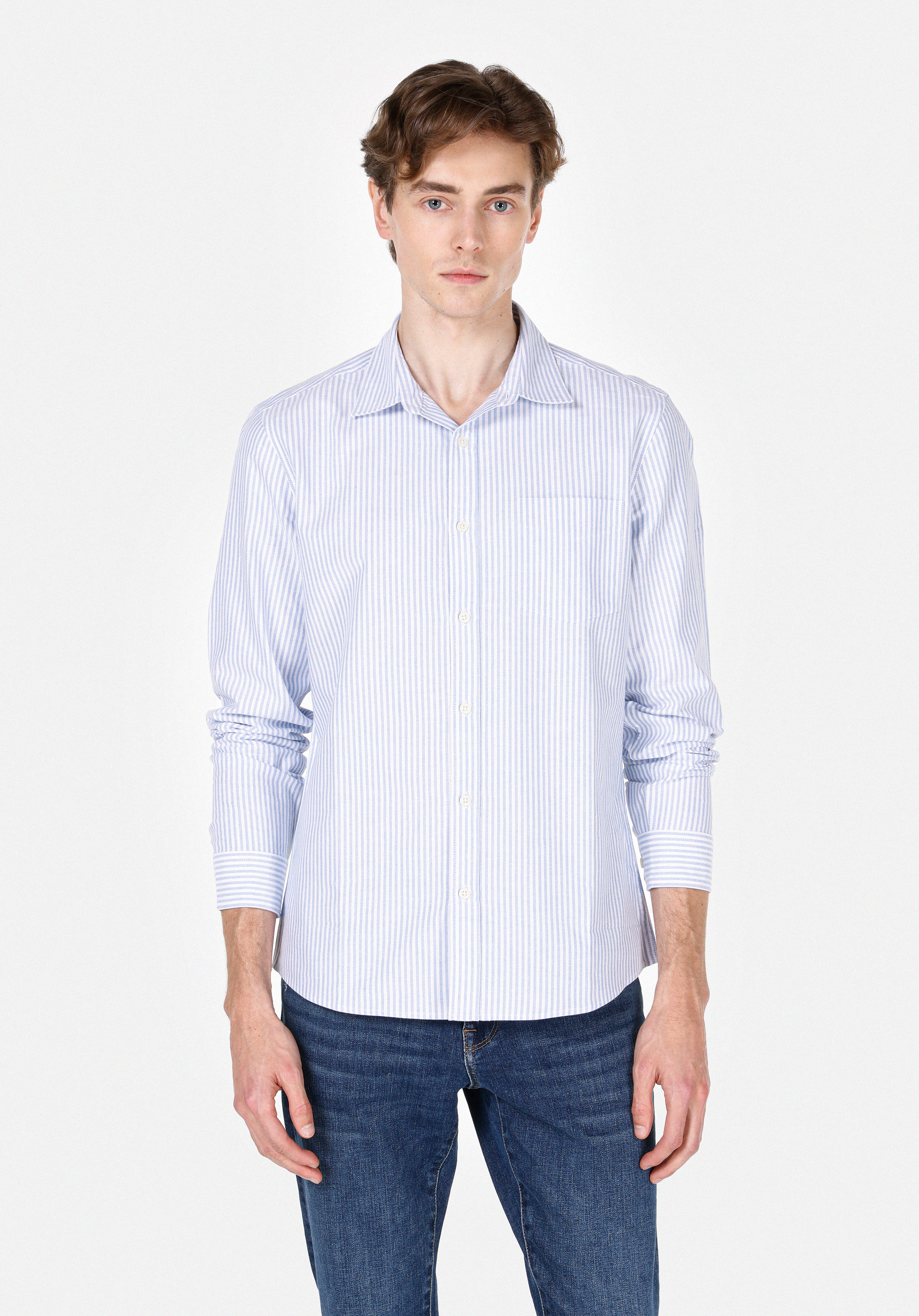 Slim Fit Shirt Neck Çizgili Erkek Mavi Uzun Kol Gömlek