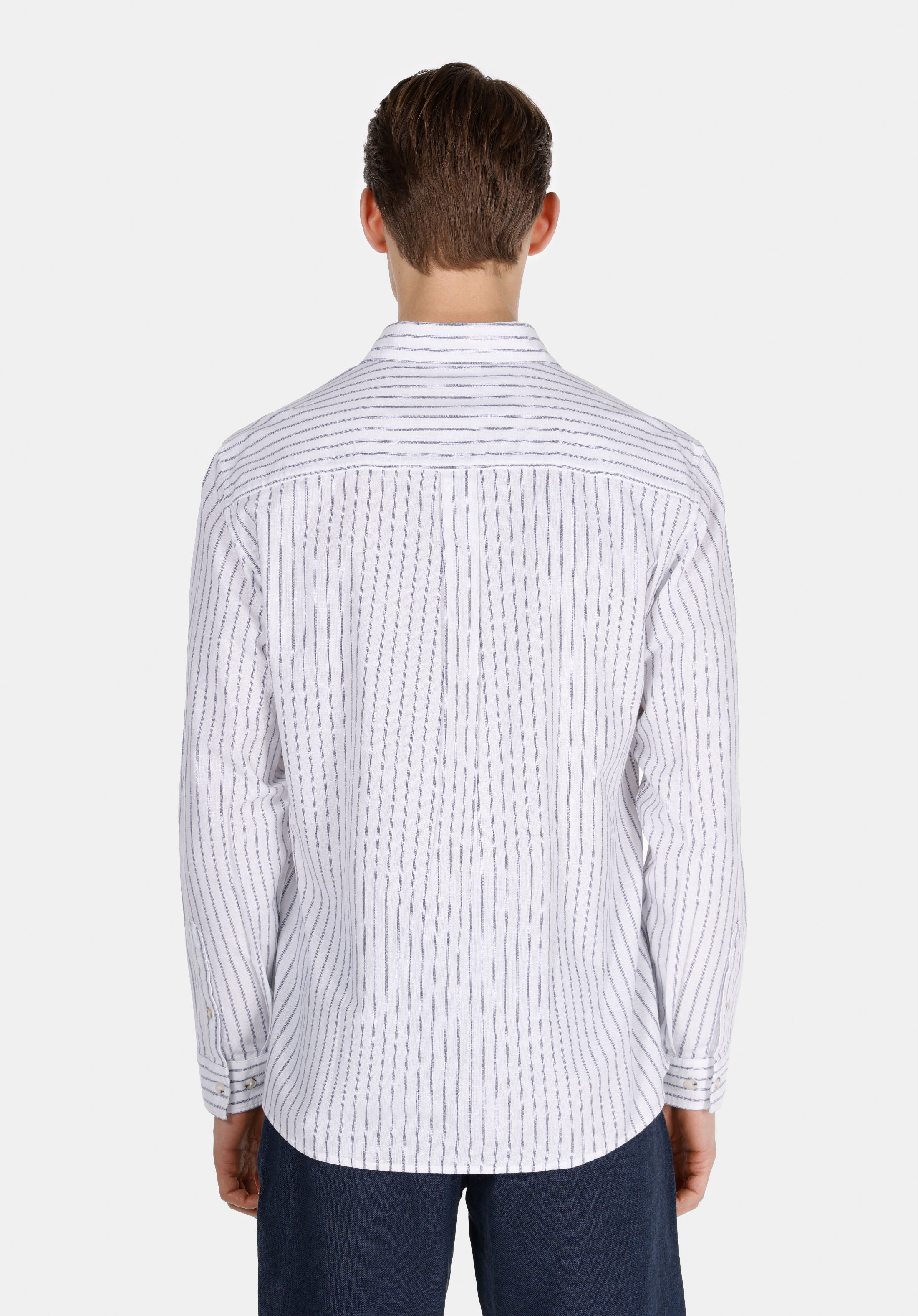 Regular Fit Shirt Neck Çizgili Erkek Lacivert Uzun Kol Gömlek