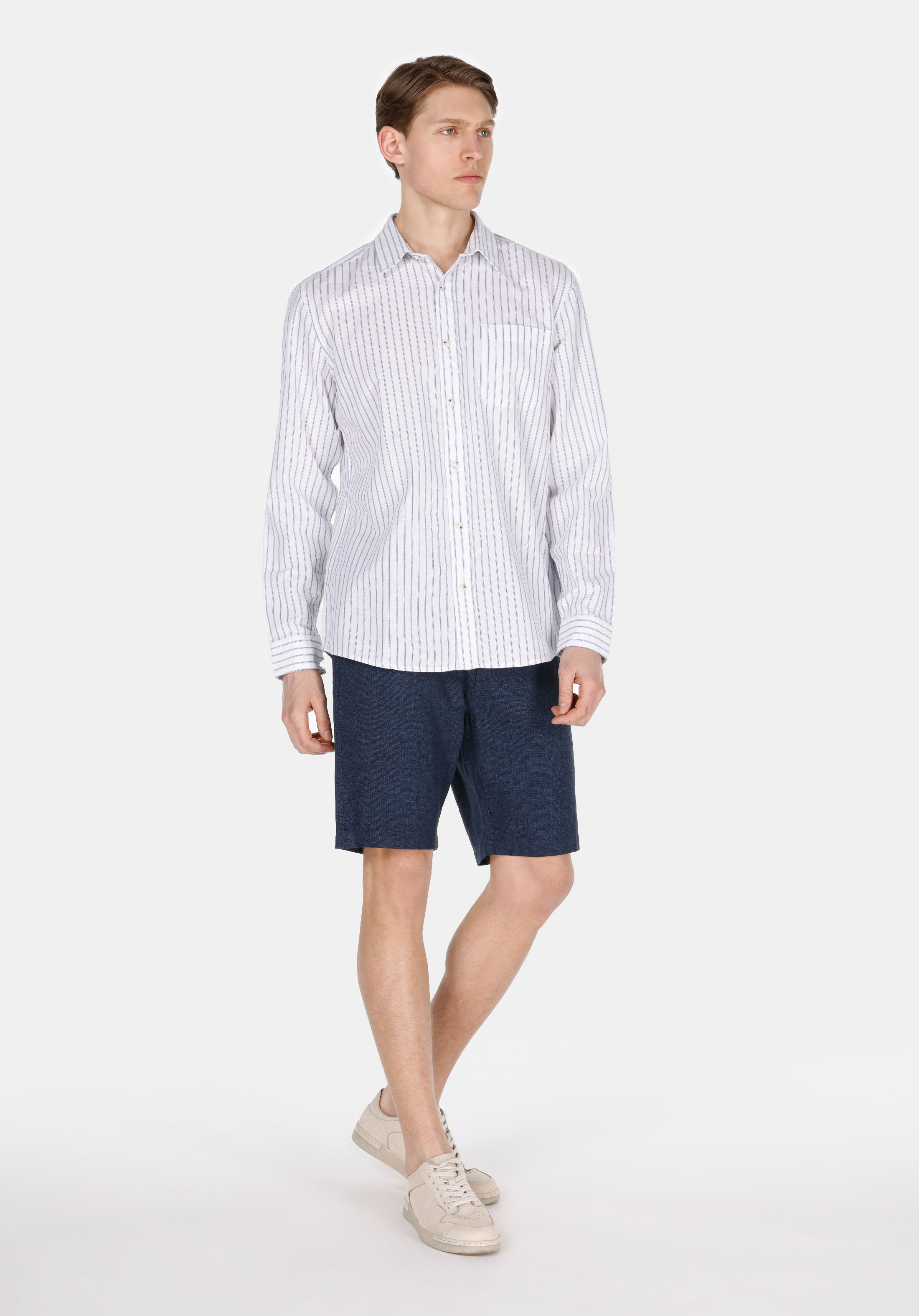 Regular Fit Shirt Neck Çizgili Erkek Lacivert Uzun Kol Gömlek