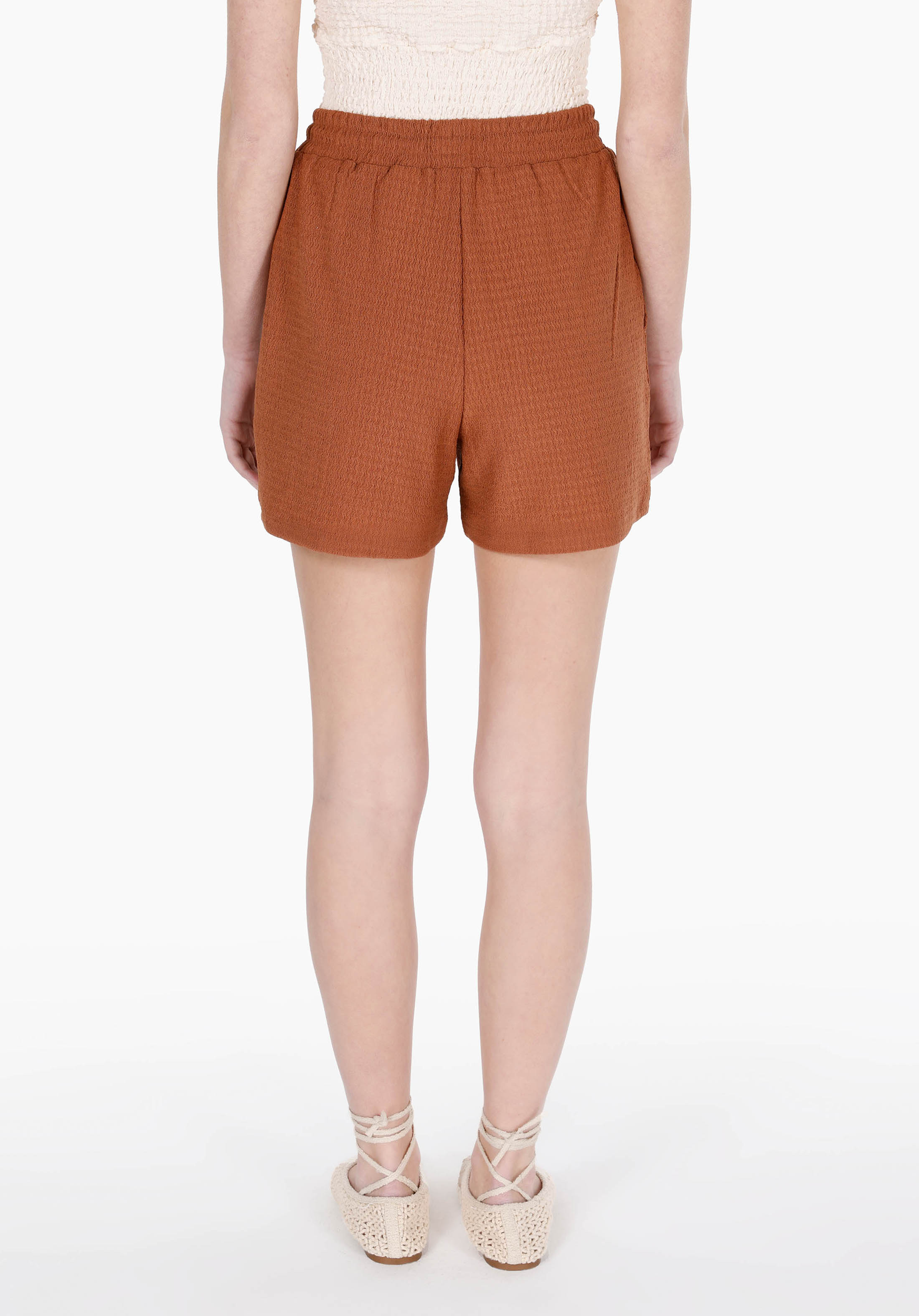 Regular Fit Orta Bel Jakarlı Kadın Kahverengi Şort