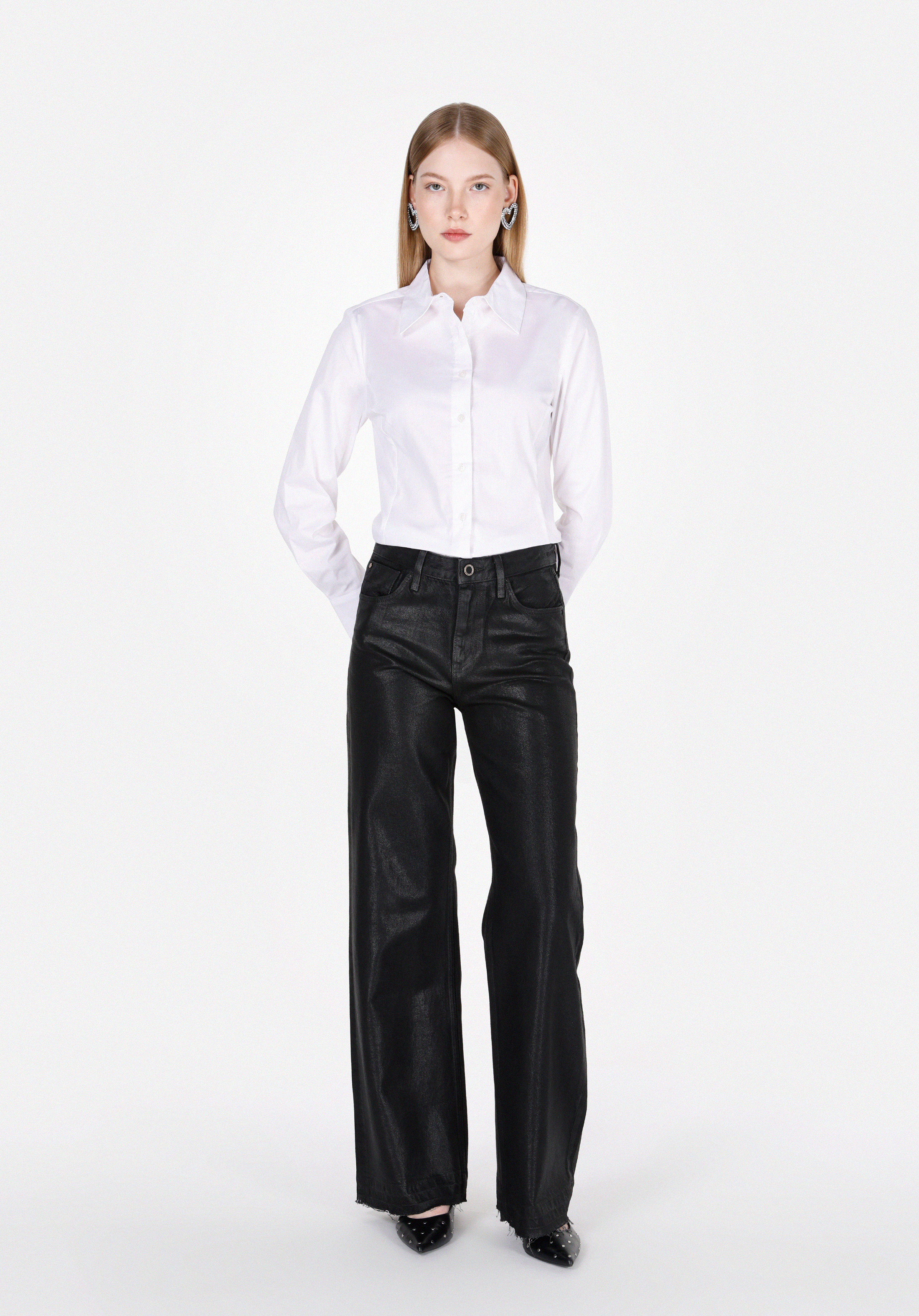 Slim Fit Shirt Neck Düz Kadın Beyaz Uzun Kol Gömlek