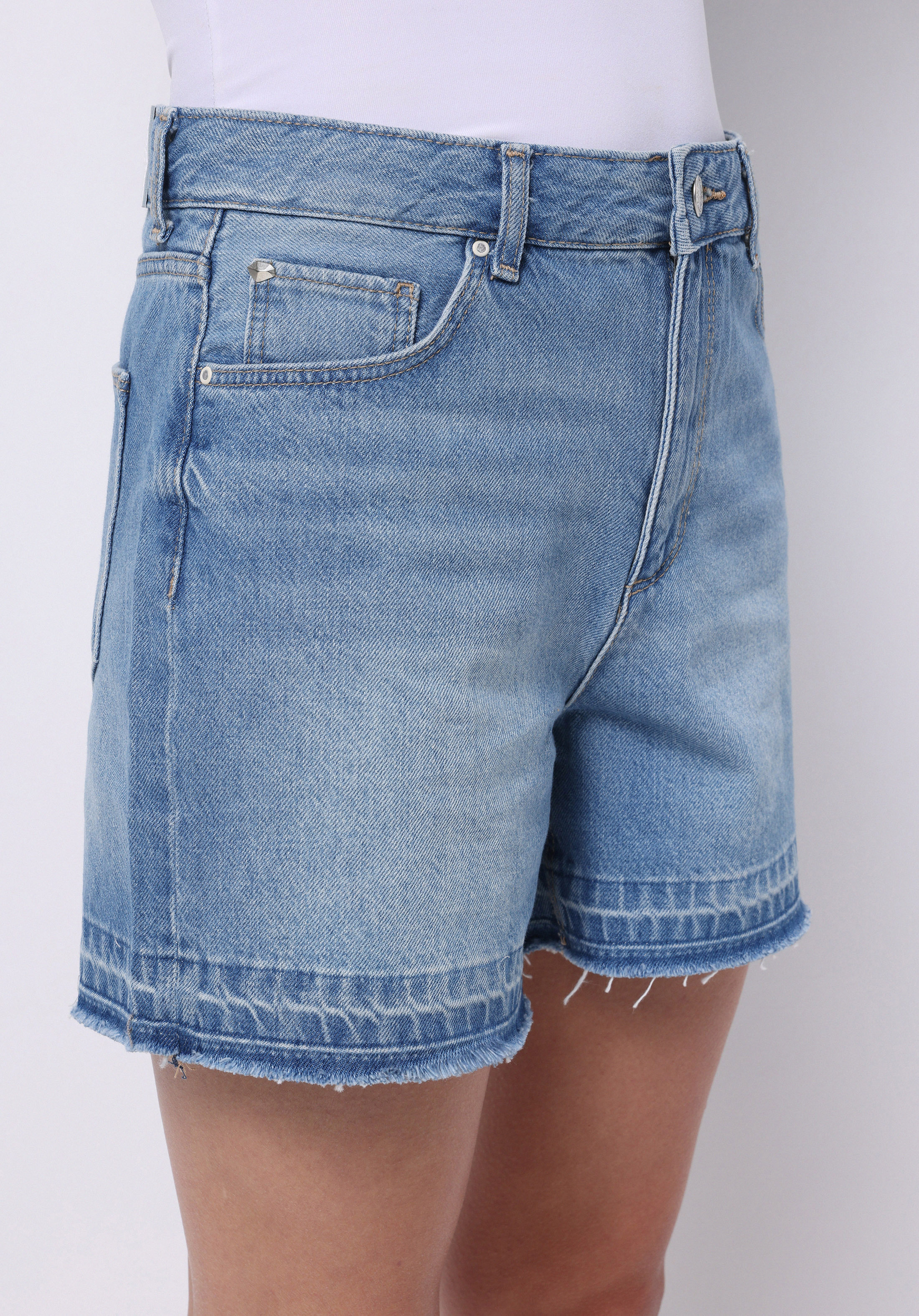 Mom Fit Yüksel Bel Düz Kadın Mid İndigo Denim Jean Şort