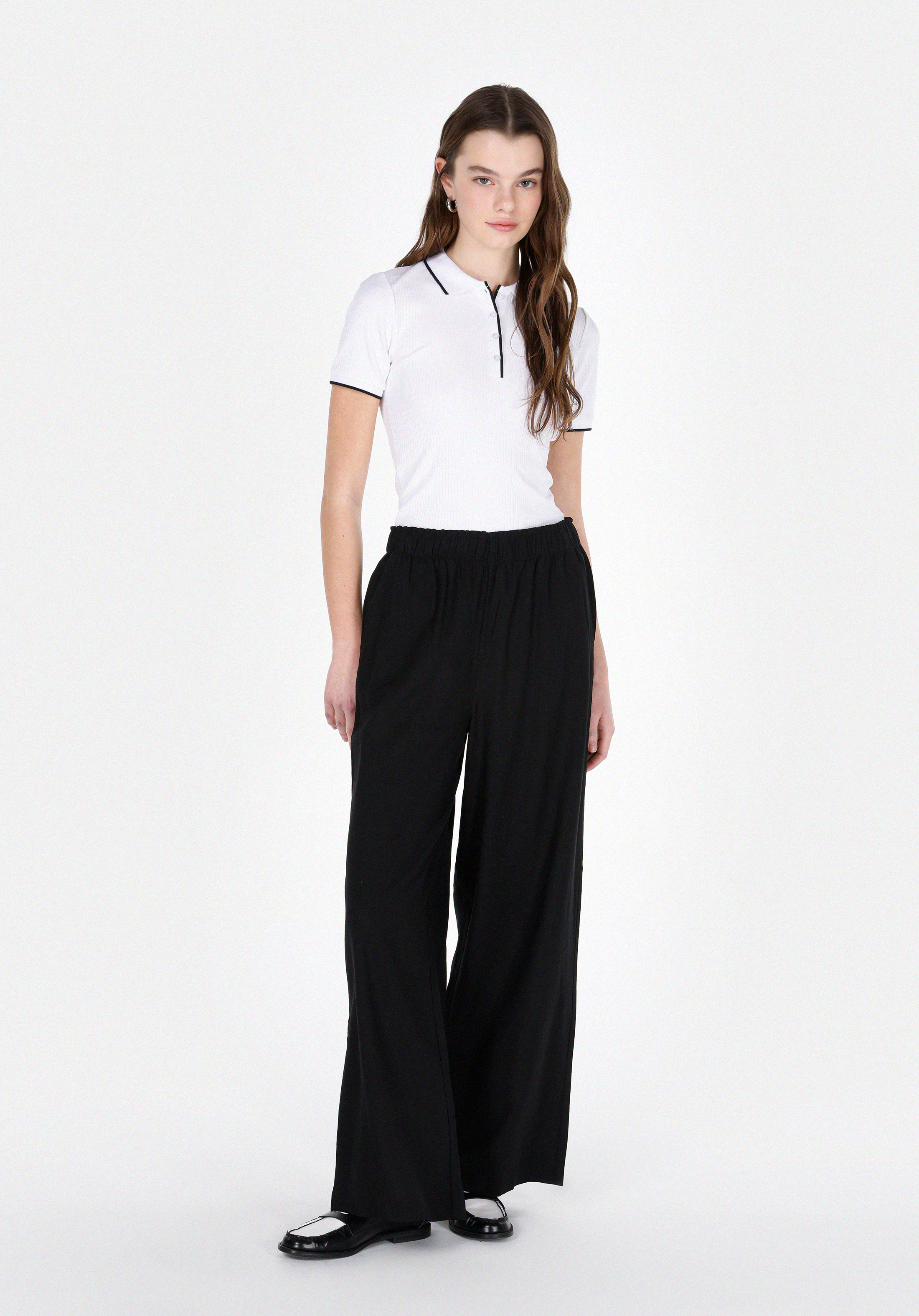 Regular Fit Yüksel Bel Geniş Paça Kadın Siyah  Pantolon