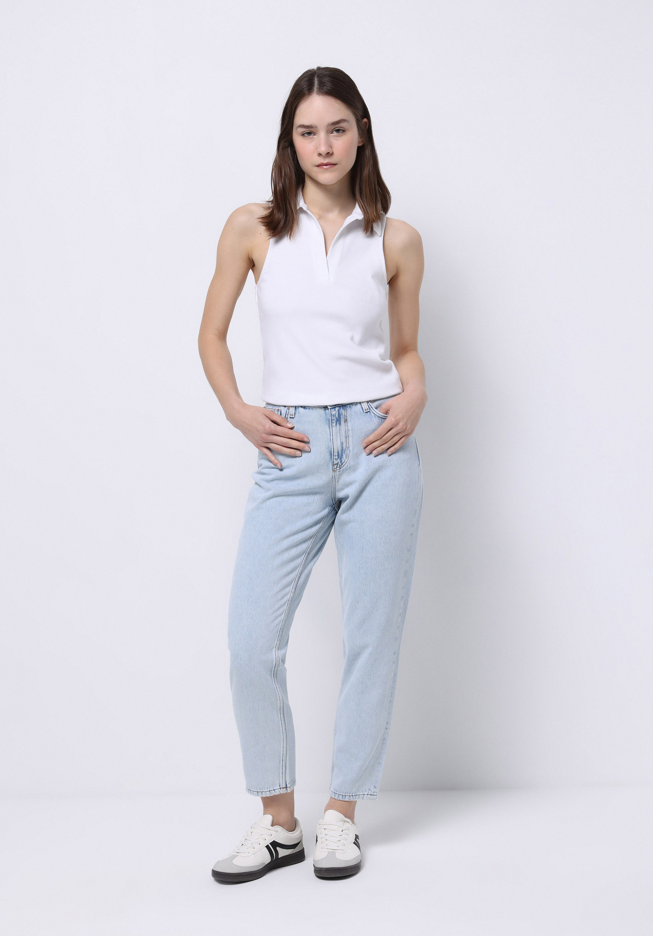 Mom Fit   Kadın Bleach İndigo Denim Jean Pantolon