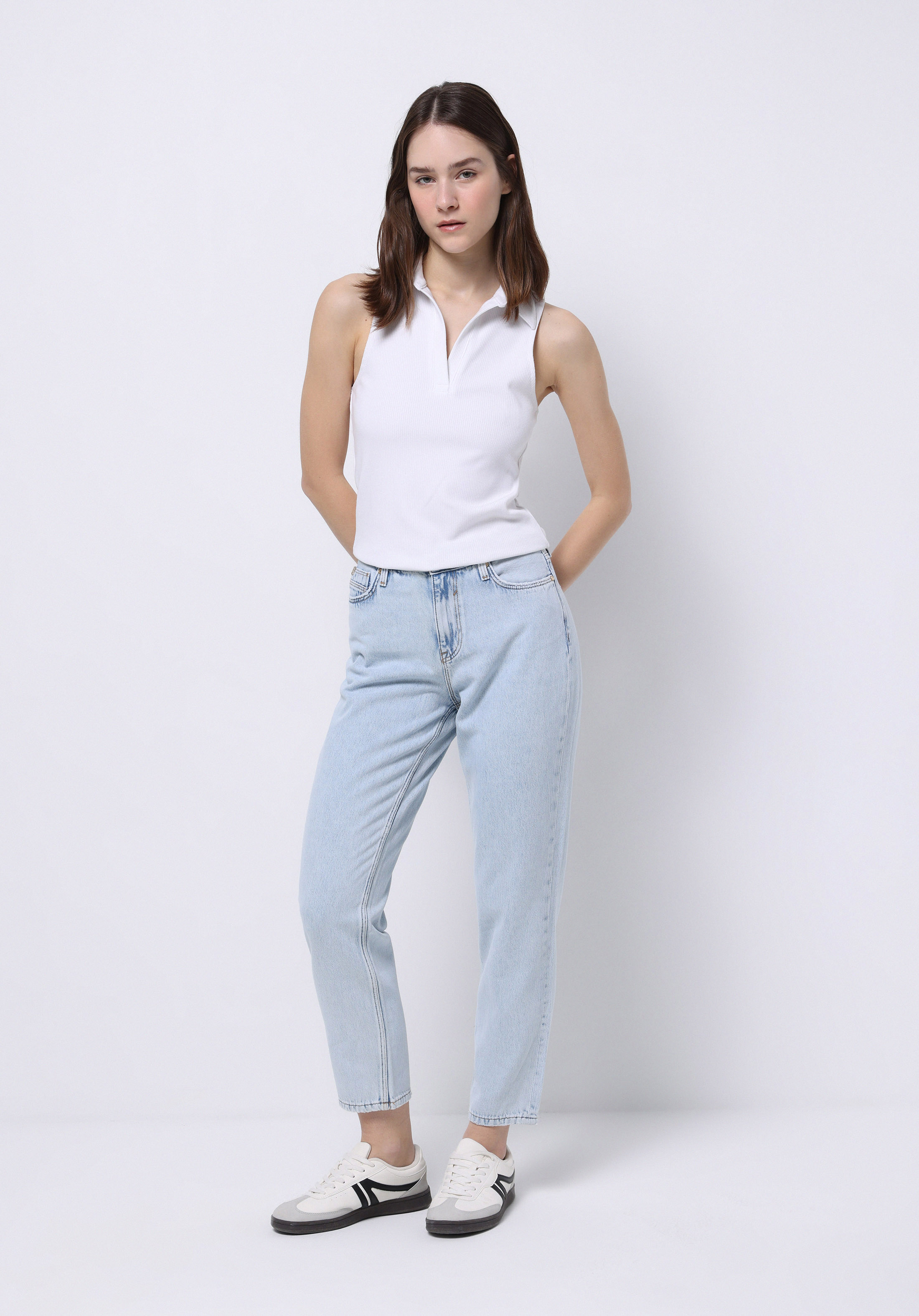 Mom Fit   Kadın Bleach İndigo Denim Jean Pantolon
